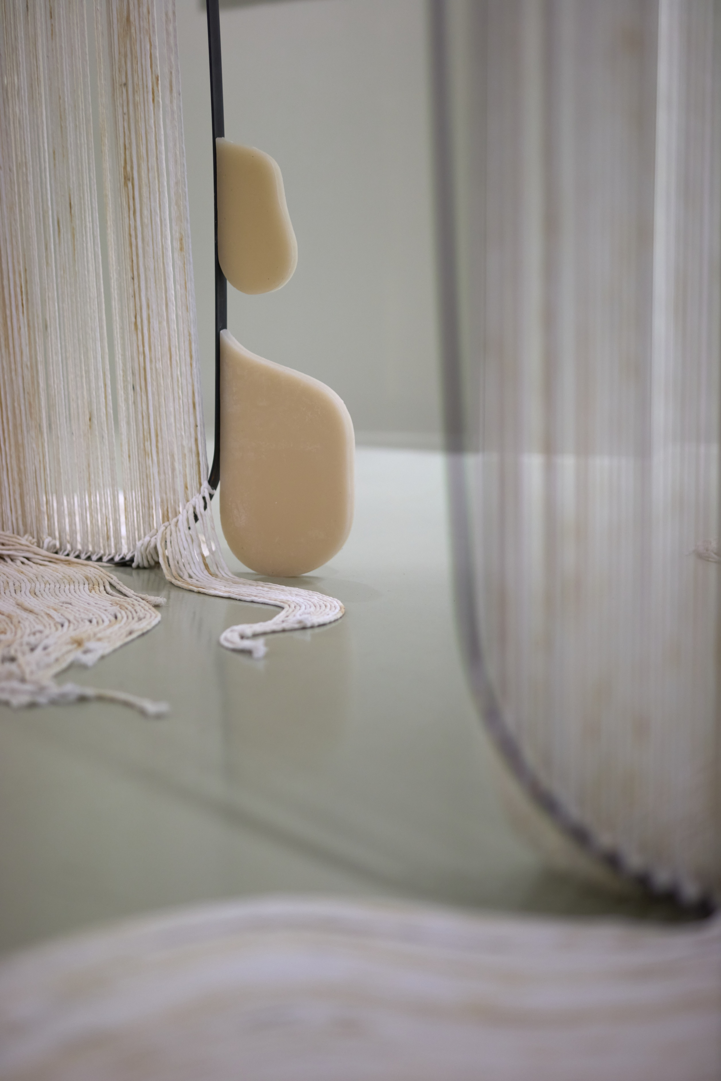 Barbora Zentková and Julia Gryboś: Teabags on Eyelids (detail), 2021 (installation; metal, textile, wax) | Trafó Gallery, 2025 | photo: Dávid Biró