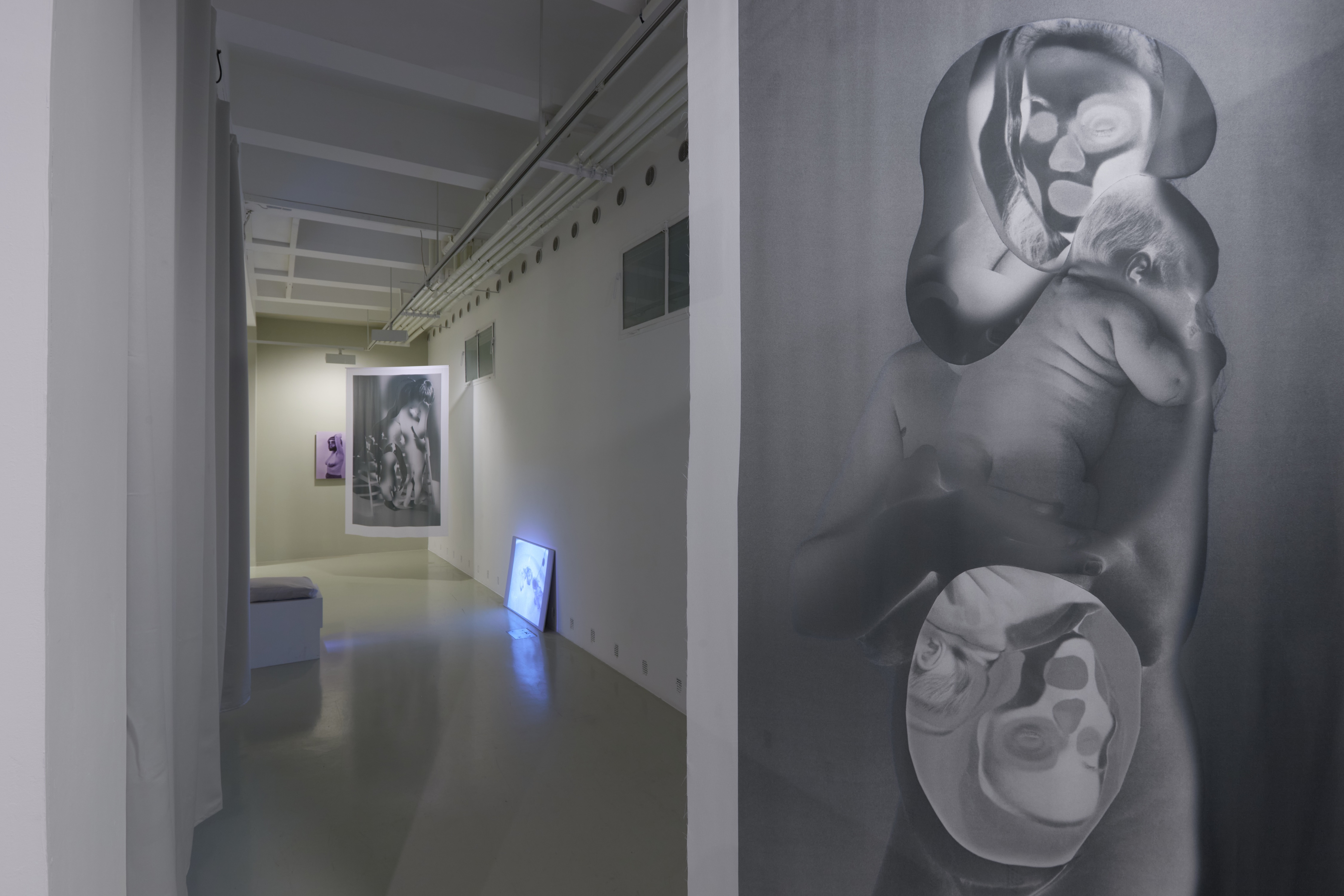 Ink in Milk | exhibition view | front: Viola Fátyol: Nude with Skull. From the series Uncanny Mother, 2023– (textile print) | Trafó Gallery, 2025 | photo: Dávid Biró