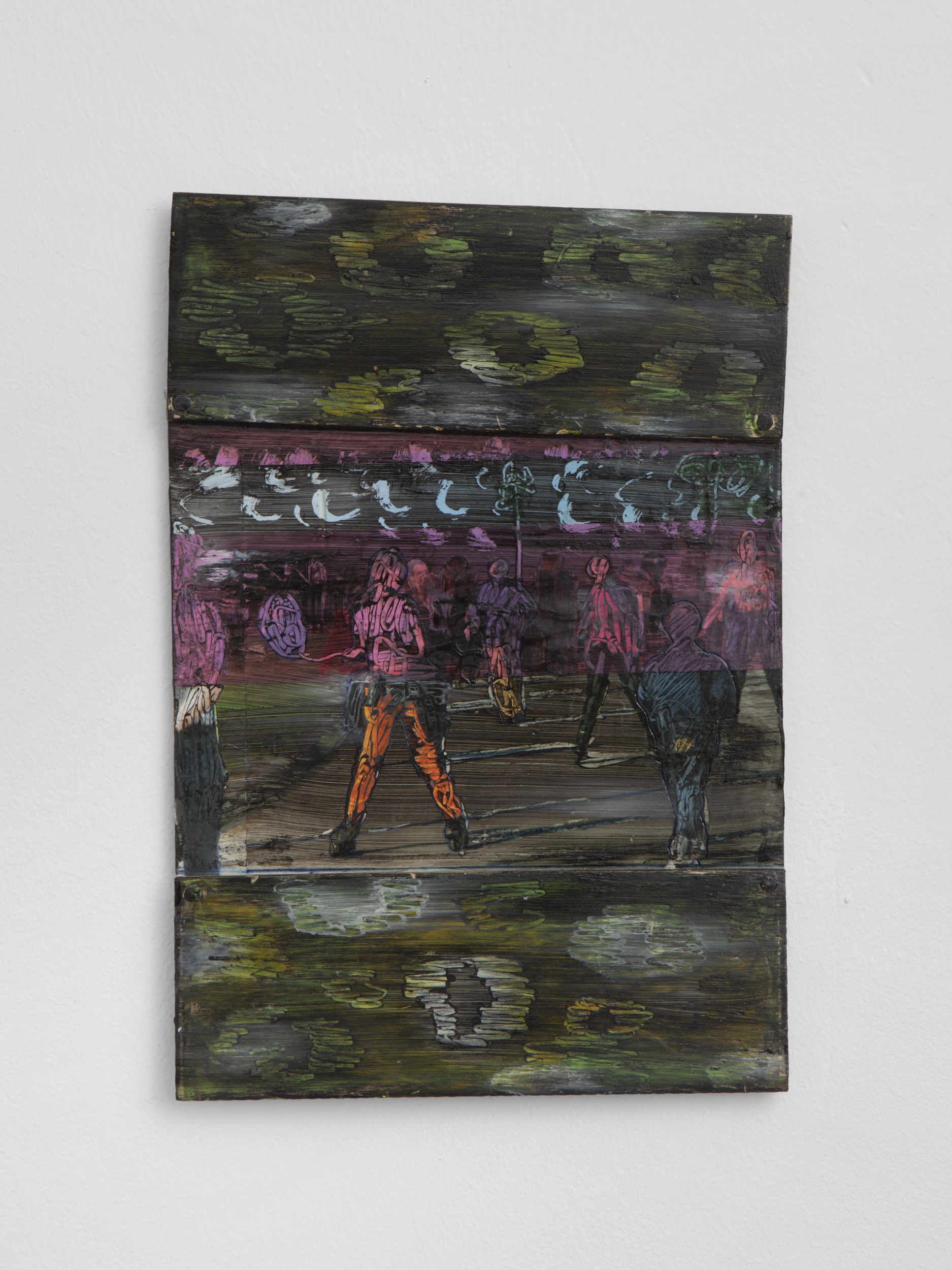 Tereza Glazova, A Scene in the Park squished between 2 Bokeh, 2025. Inkjet print, pastels and paint on wood. 19.5 × 28.5 cm. 