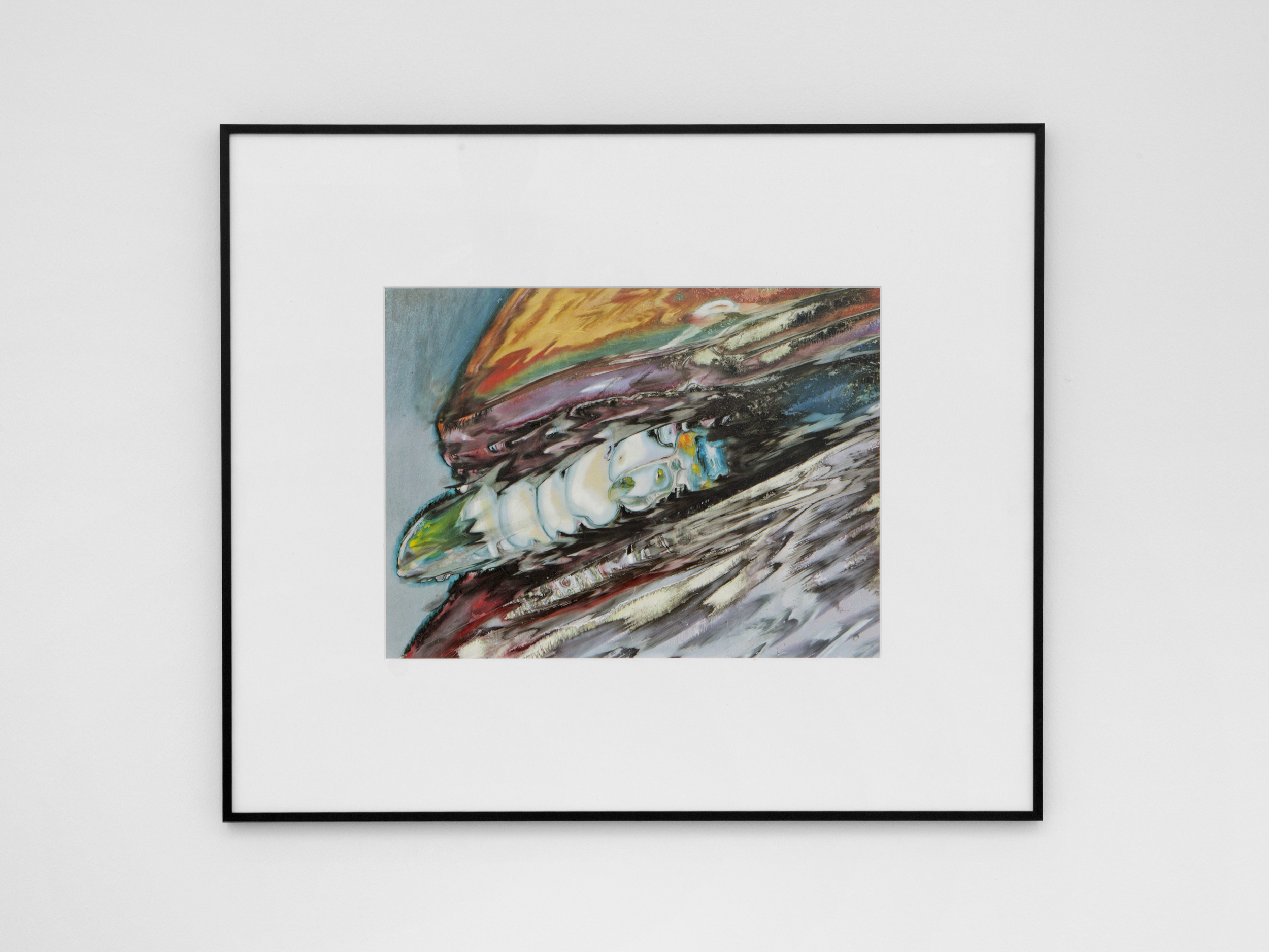 Jean-Vincent Simonet, Teeth(accelerate), 2025. Ink, oil pastel, acrylic and matt varnish on synthetic foil. Black aluminium frame (7mm), museum glass 55 x 65 cm (framed). 