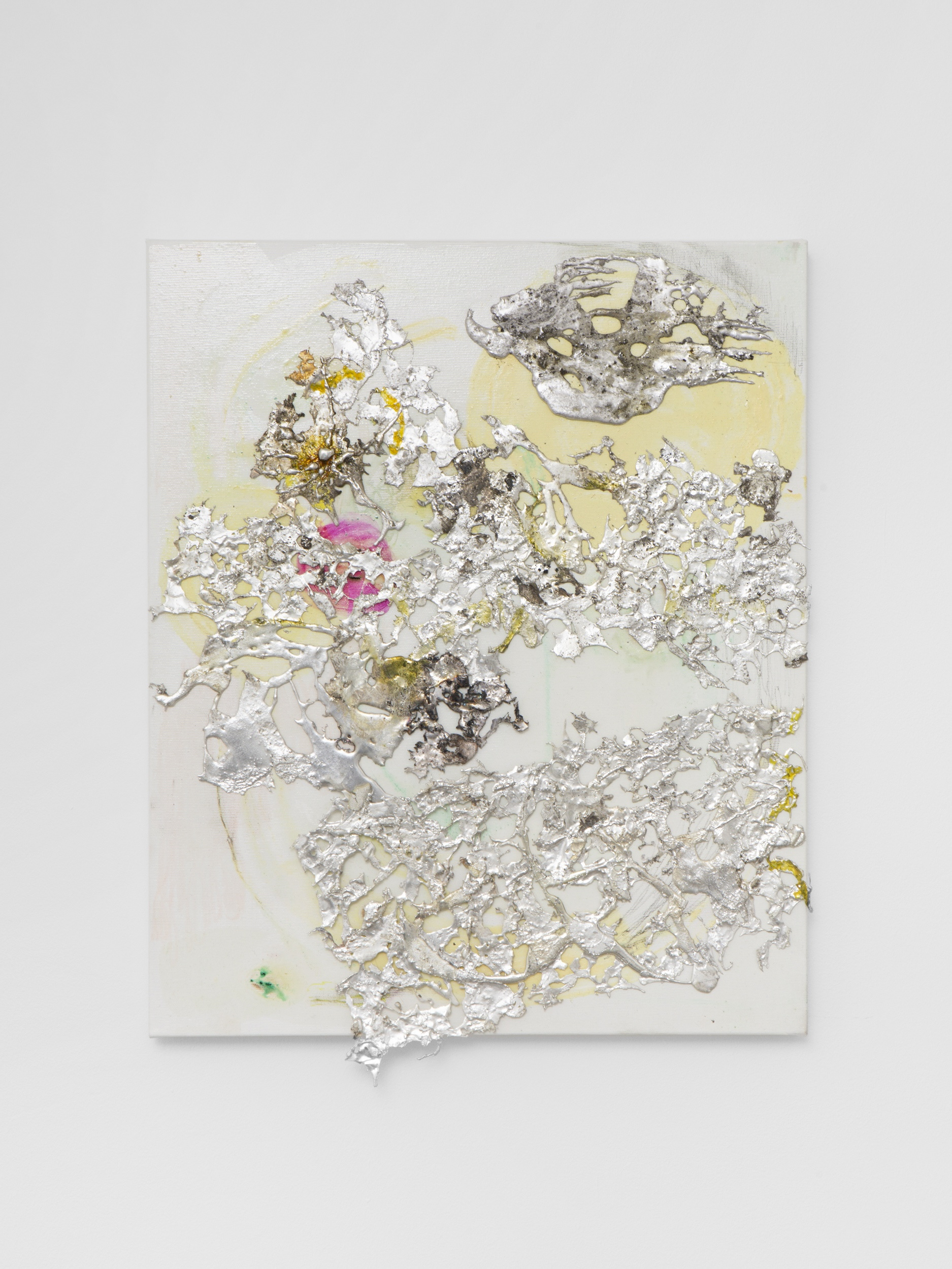 Josef Strau, Semiurgh sulphurized, 2025. Oilcolor, Dammar, different pencils, pigments, sulphur with melted tin vessels and magnets on canvas. 62 × 50.5 × 4.5 cm.