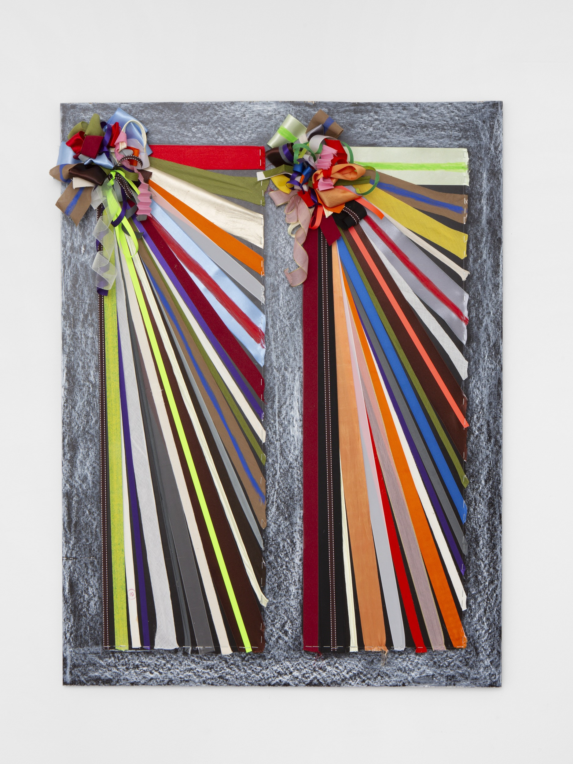 Tereza Glazova, Two Rainbowcolored Pillars, Tied with Antimonumental Intent and Decorative Bows, 2025. ribbons and pastel on wood. 72.5 x 92.5 cm. 