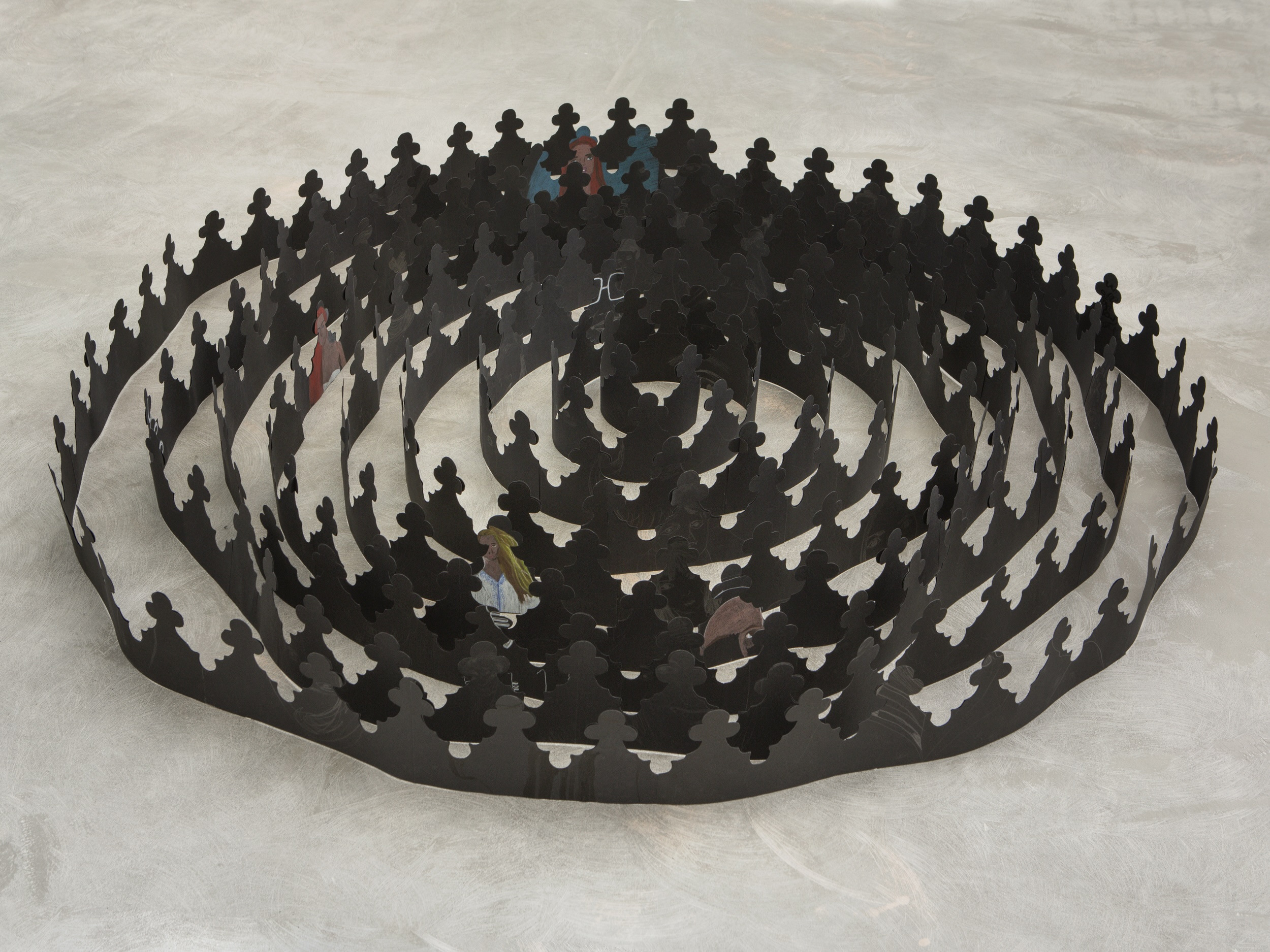 Nancy Lupo, Leader Crown, 2022. Black paper, graphite, colored pencil and double sided tape. 15 x 173 x 160 cm (and variable).