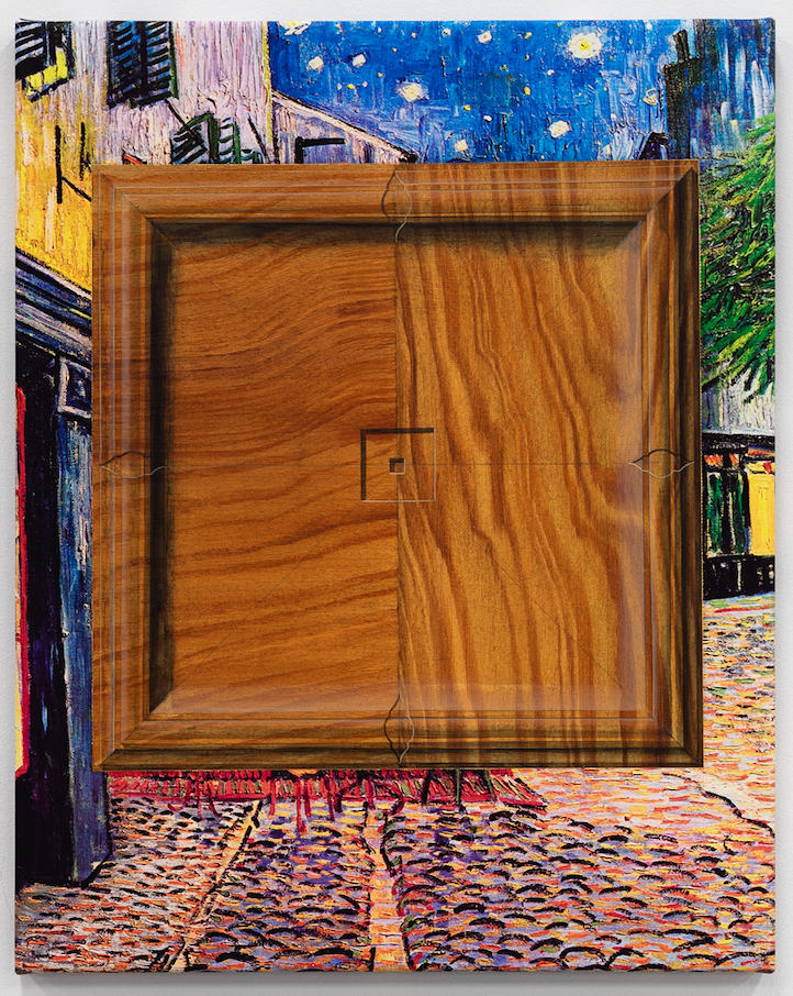 Josephine Reisch, Inversion (Café Terrace at Night), 2025, Oil and acrylic on printed canvas, 40 x 50 cm