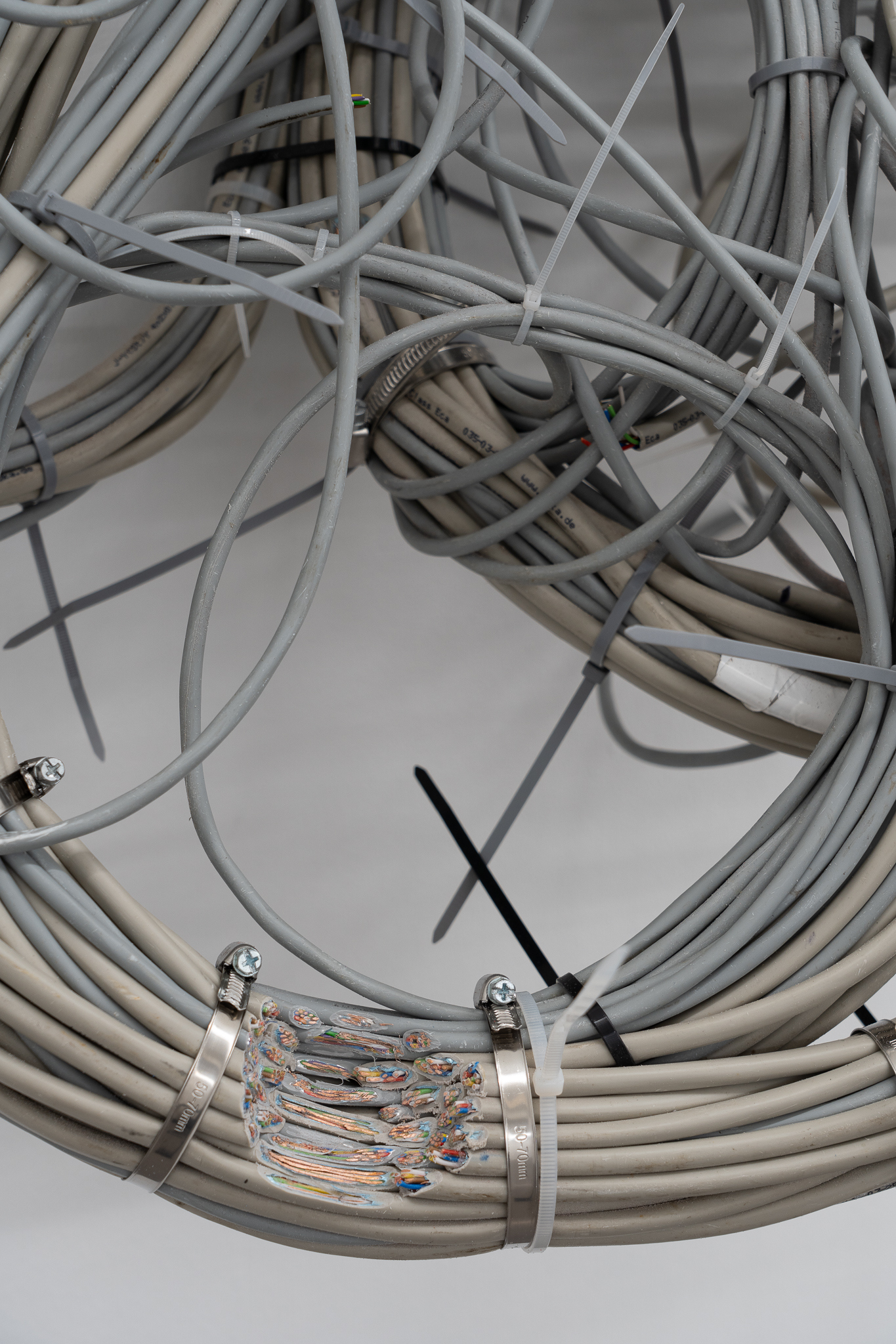 Rodrigo Red Sandoval - Nest (2025); Data cables (J-Y(St)Y), wrist watches, tie wraps, worm drive clamps (70x90x50), courtesy of the artist and Platform