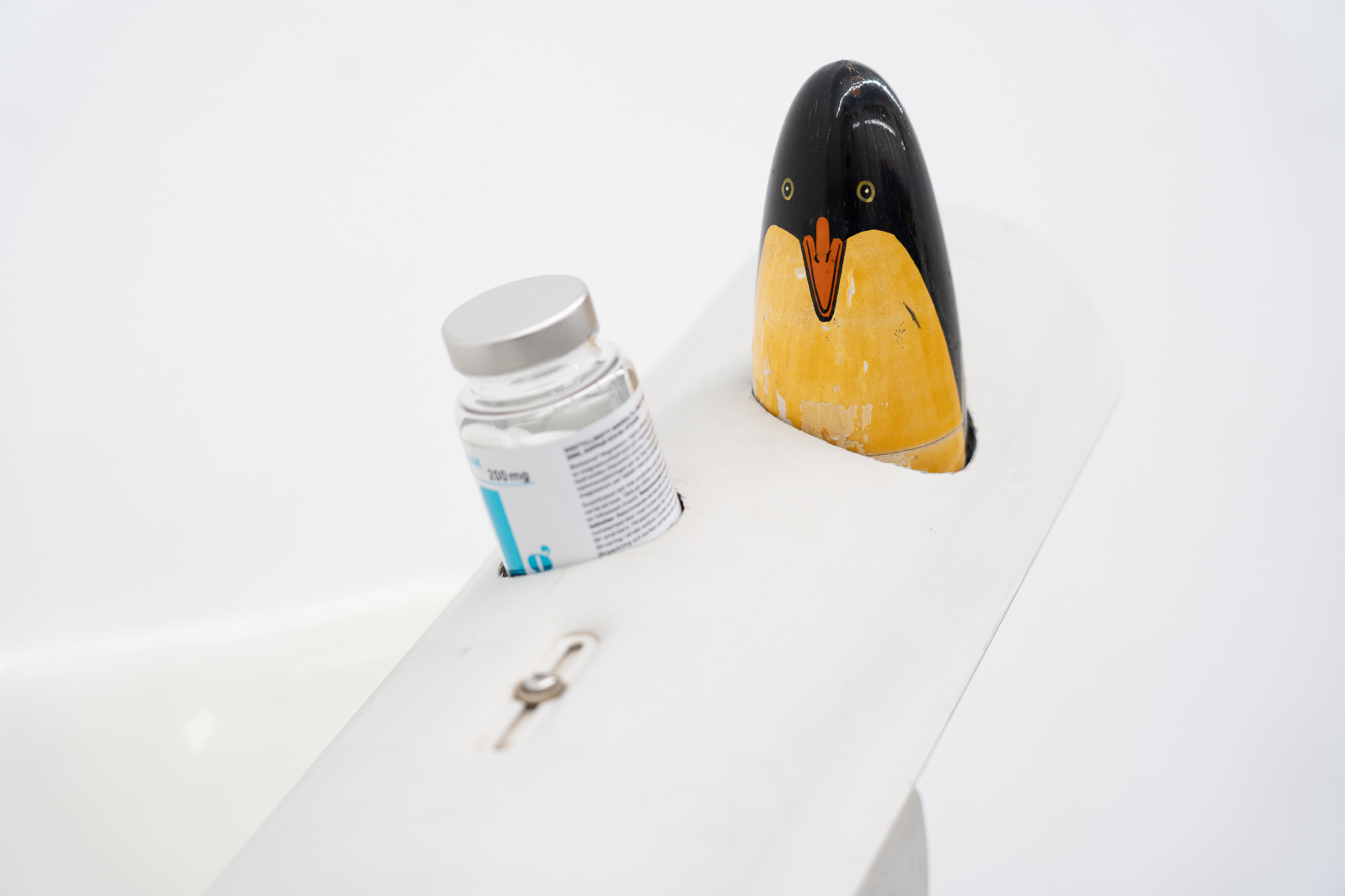 Rodrigo Red Sandoval - Self-conscious (2025); Bosch camera, foldable chair, self-contained wooden penguin, Magnesium pills (55x80x55cm), courtesy of the artist and Platform