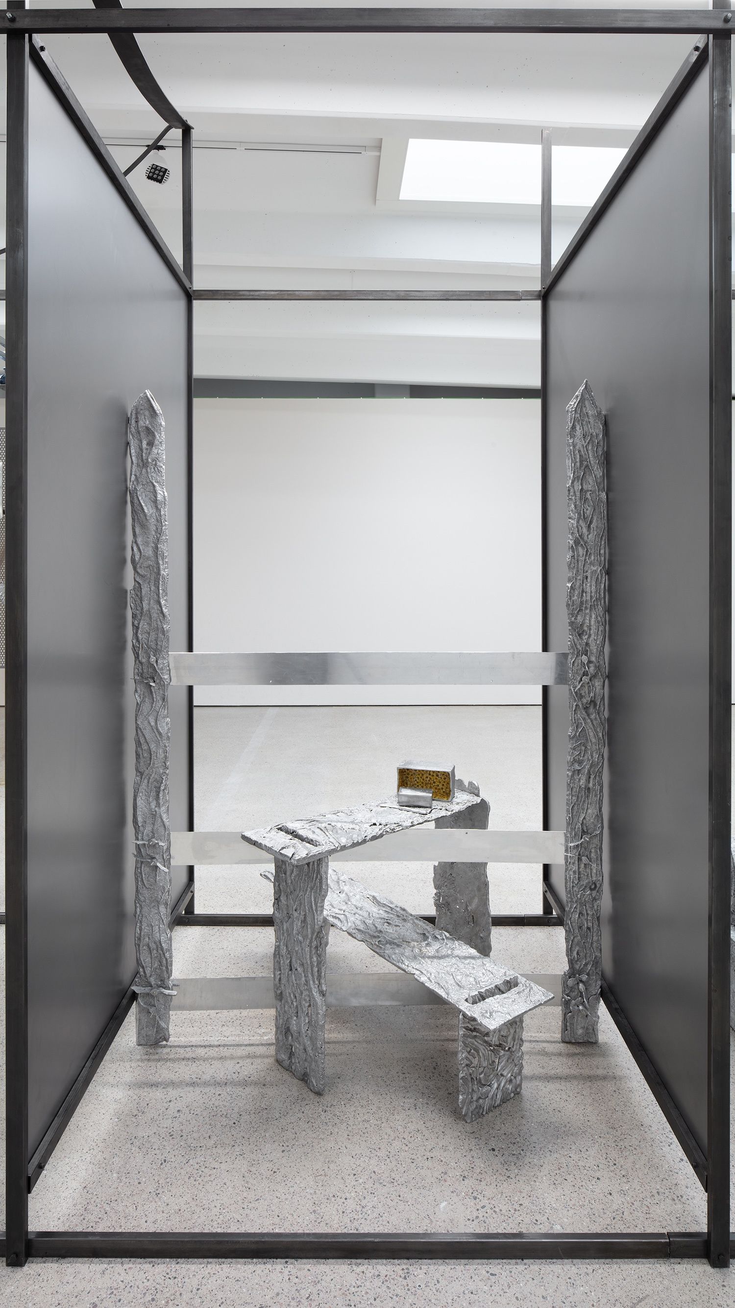 Maija Fox, ways that roam us, 2024. Cast aluminium, forged steal, patinated steel sheets and profiles, granite. Photo: Jussi Tiainen 