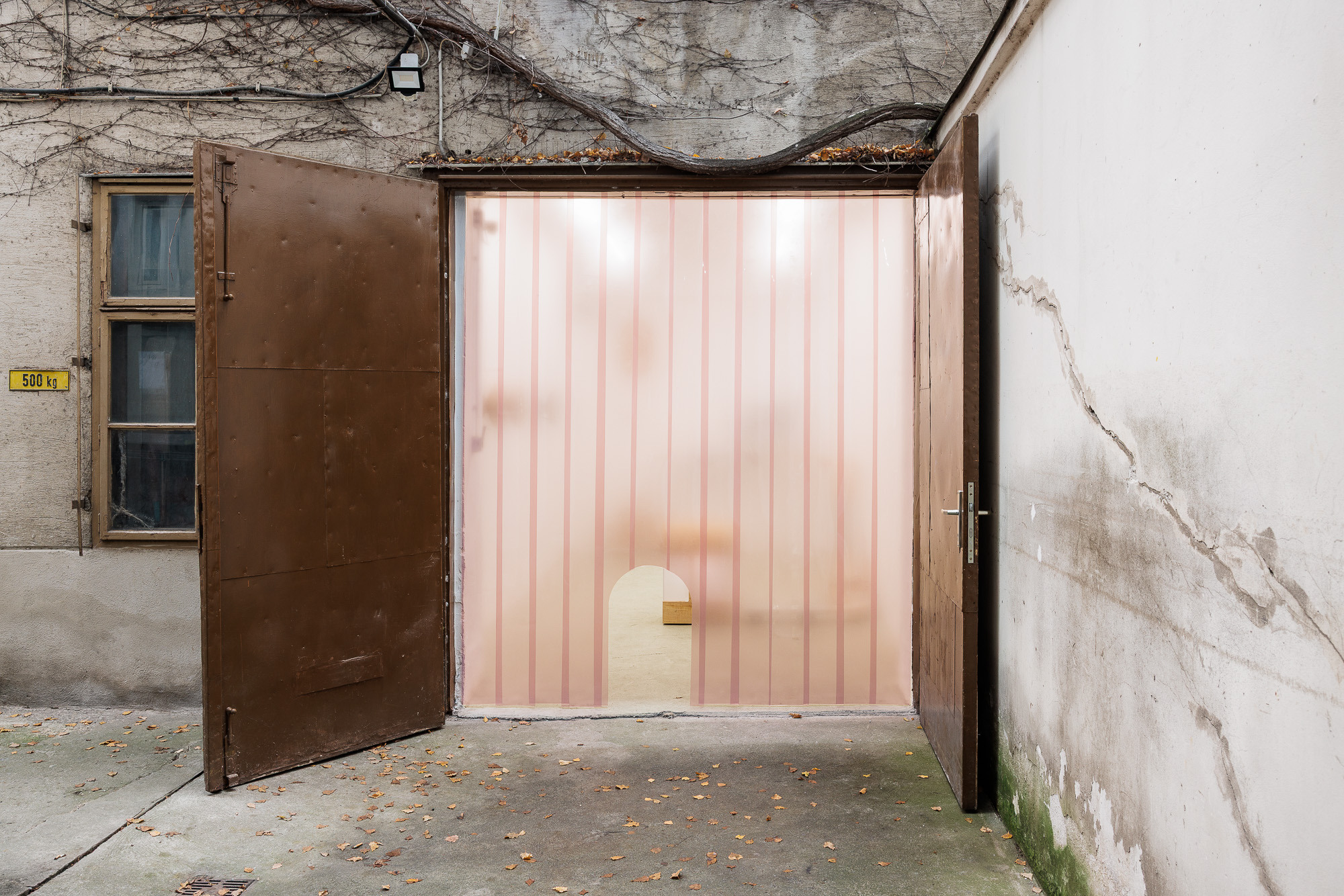 image: entry to the exhibition / title and year: a Katzenloch, 2025 / material: pvc curtain, uv-print / dimensions: 258 x 227 x 5 cm