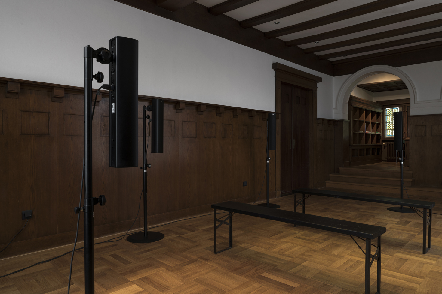 Exhibition view: James Richards, Crumb Mahogany, 2016, 6-channel digital audio, computer system, looped, 15 min., Collection Wilhelm Otto Nachf.