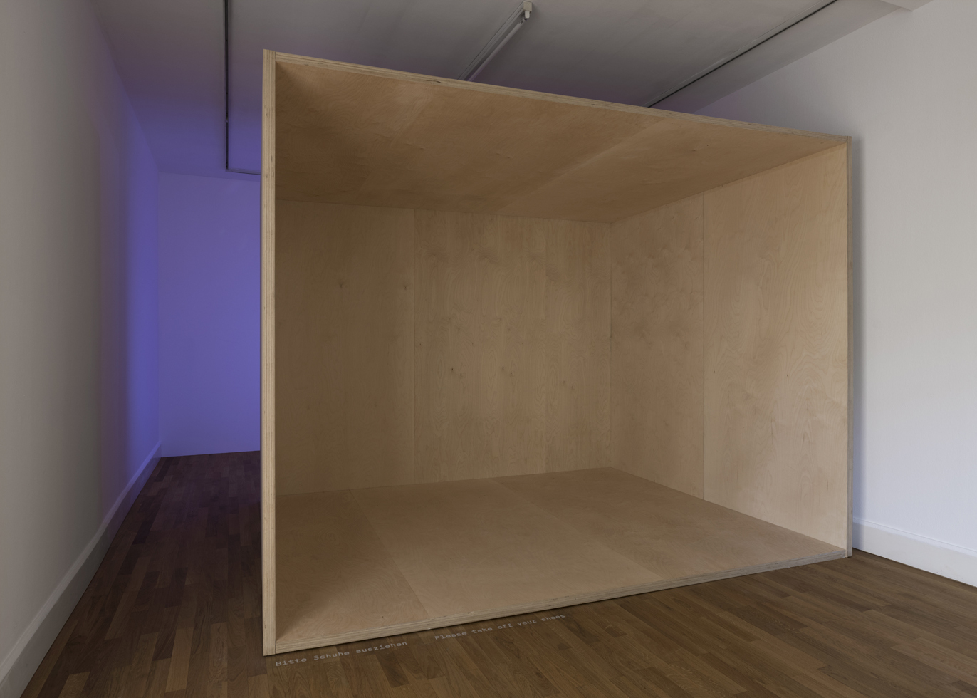 Exhibition view: Ed Atkins, The worm (installation), 2021, Video projection with sound, loop, beech plywood, Variable dimensions
