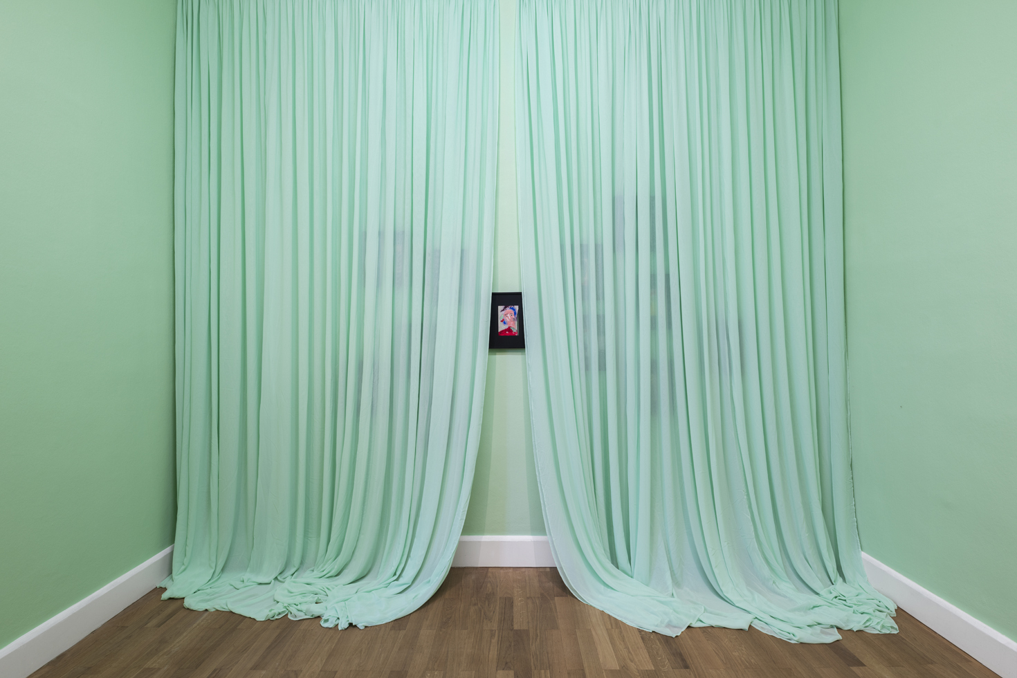 Exhibition view: Vaginal Davis, Some Other Spring, 2020-23, Set of 13 unique double sided framed paintings, 2 bespoke curtains, Variable dimensions