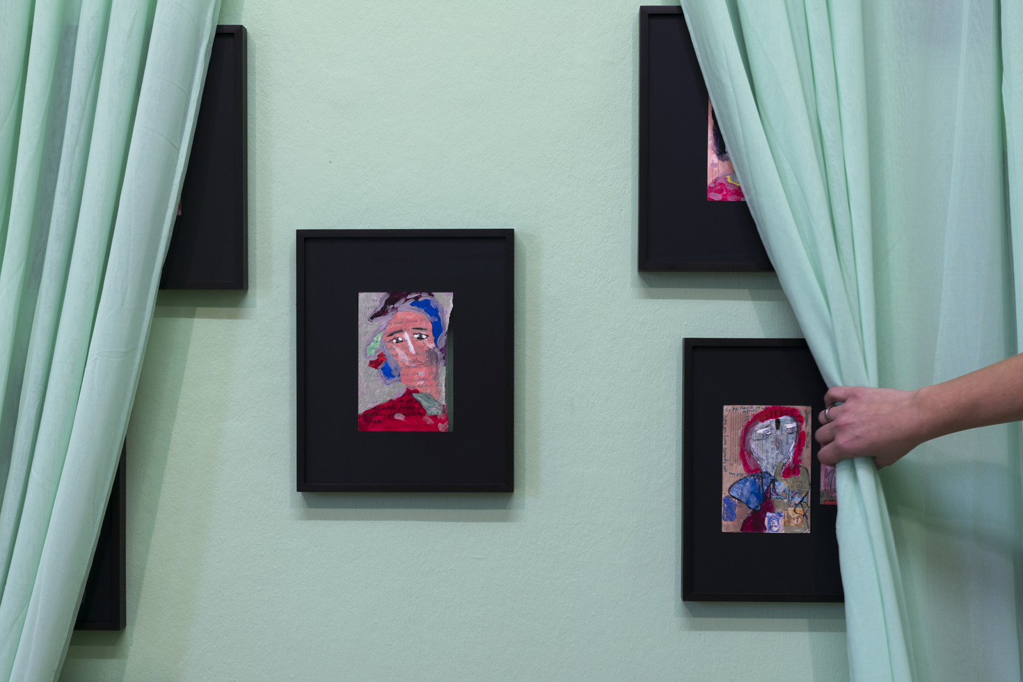 Exhibition view: Vaginal Davis, Some Other Spring, 2020-23, Set of 13 unique double sided framed paintings, 2 bespoke curtains, Variable dimensions