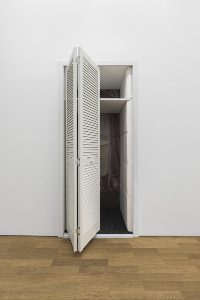 Exhibition view: Diamond Stingily, Orgasms Happened Here 2 (Butch), 2025, Closet doors, wallpaper, padded wall panels, carpet, shelf, 208.1 x 82.4 x 70 cm
