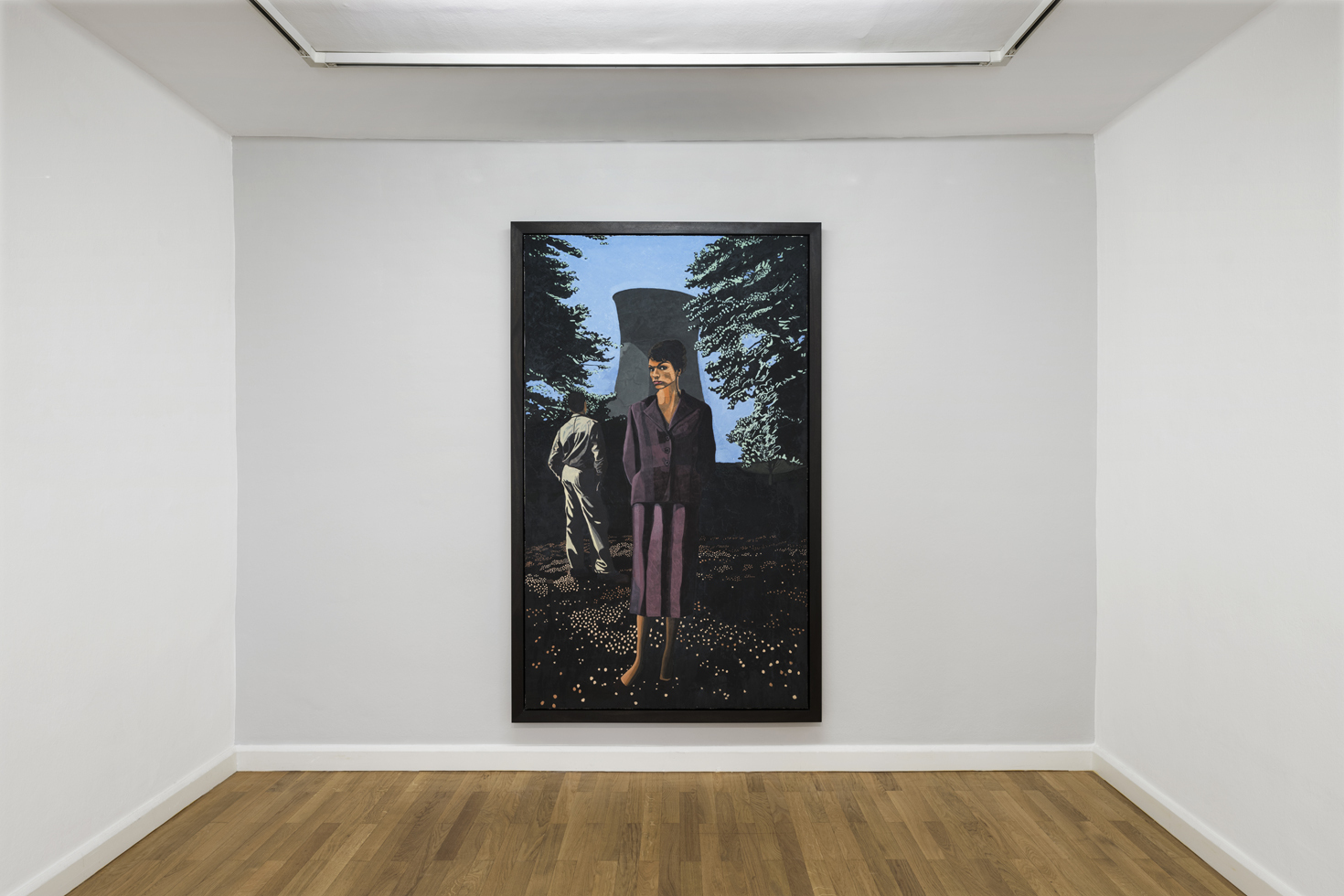 Exhibition view: Hannah Quinlan & Rosie Hastings, Figure in Purple Suit with Cooling Tower and Lover, 2003, Fresco on wooden panel, 211.4 x 131.4 x 7 cm (framed)
