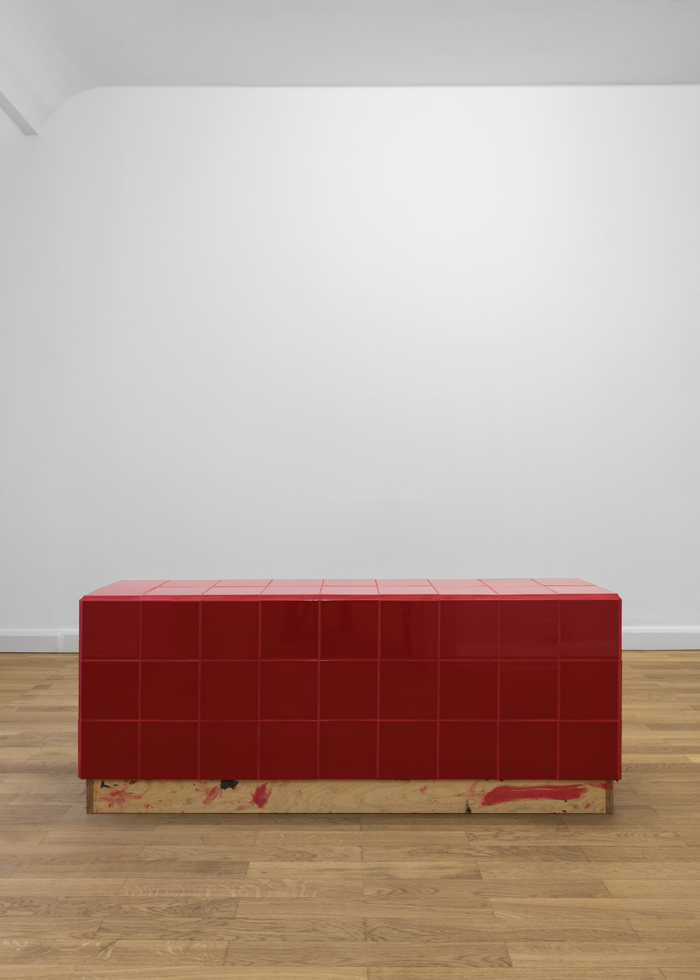 Exhibition view: Calla Henkel & Max Pitegoff, Bench for Berghain Red VII, 2023, Red tiles, grout, mortar, foam, plywood, 54 x 137 x 32 cm 