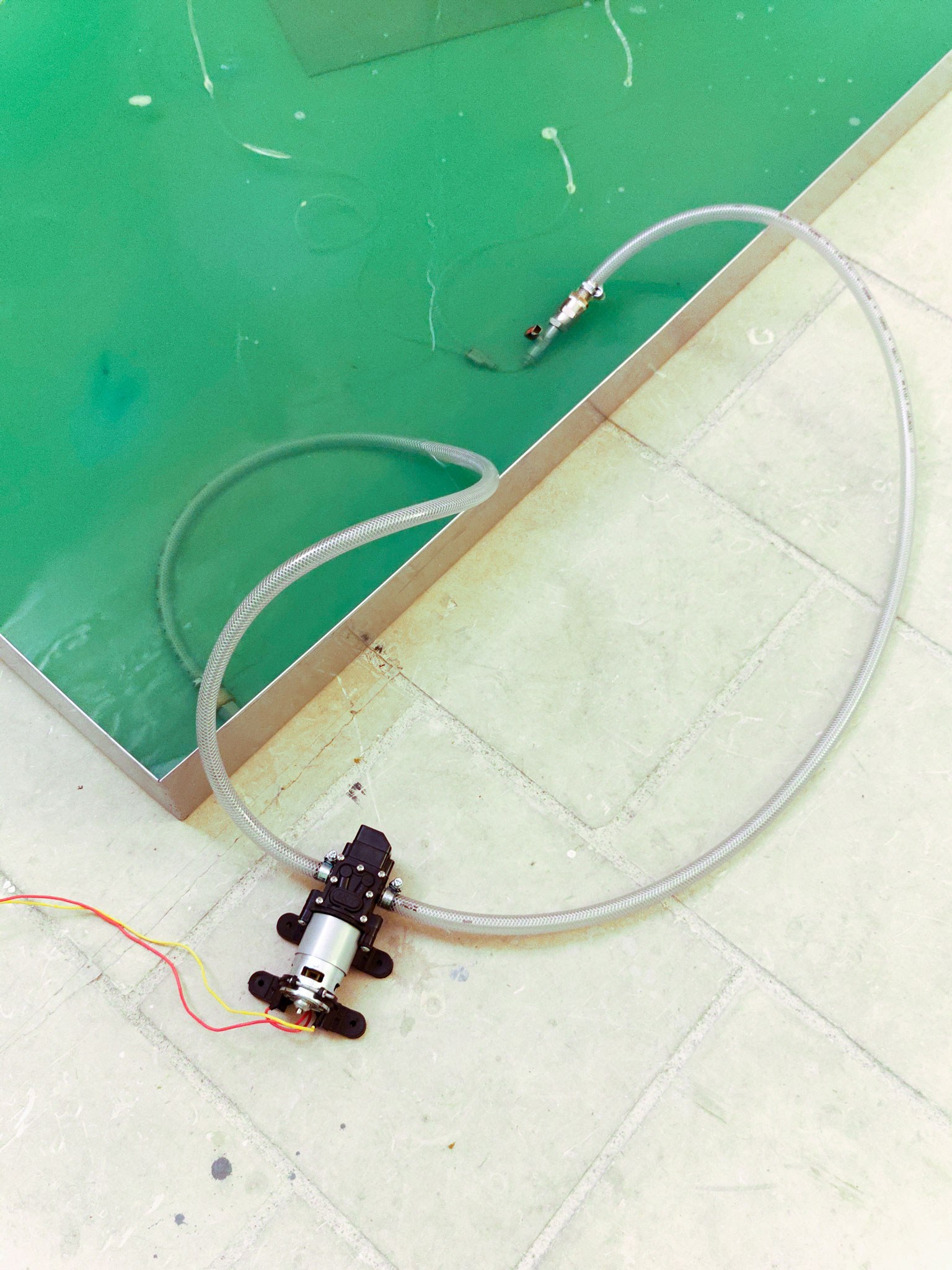 Tidal, Porous, and Fragmentary, 2025, ceramic, water, dye, galvanized iron, stainless steel, PVC pipes, water diaphragm pumps; environmental dimensions, details