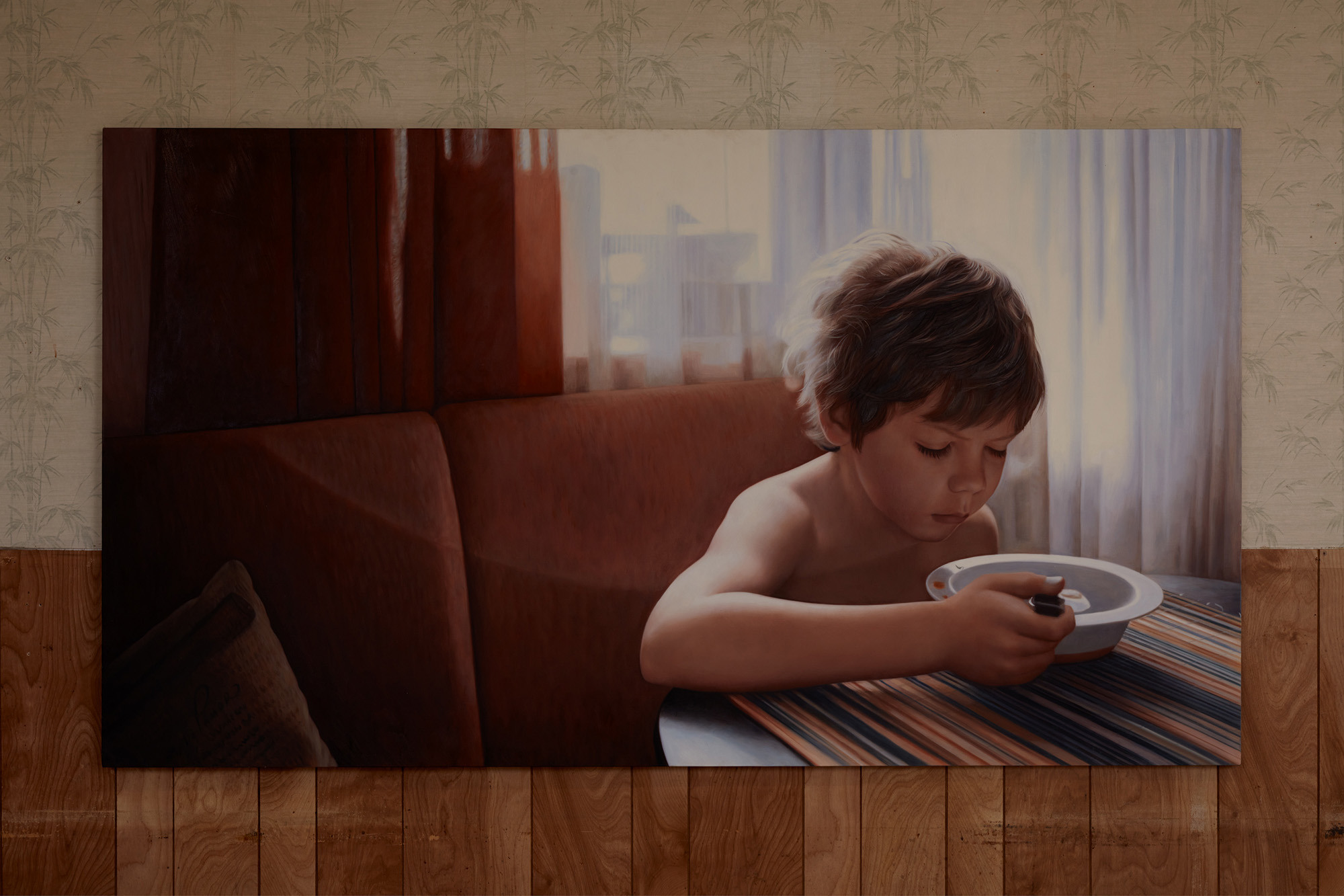 Joseph Klahr - Untitled (Boy Eating Cereal) Oil on canvas, fabricated in Xiamen, Fujian, China 44 x 78 inches 2025