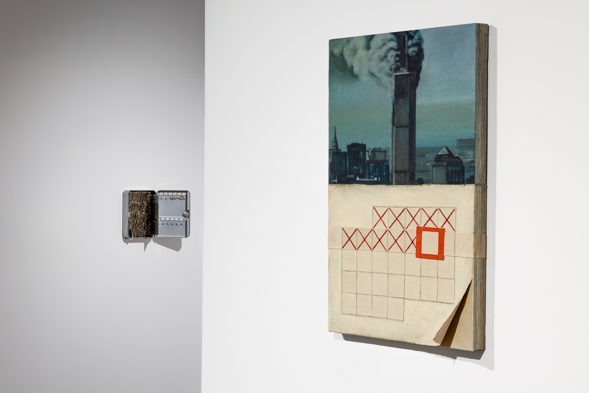 Mikołaj Soroczyński, „Keys”, 2023, metal box, keys; Emil Laska, „Post-Millennium Tension”, 2026, oil on linen and cotton, 41 × 27 × 7 cm