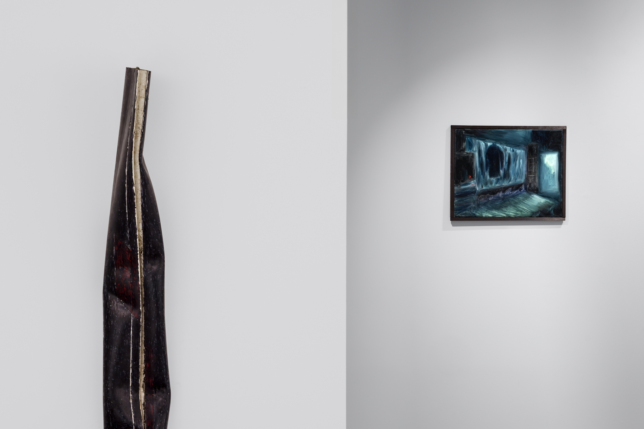 Dominik Horodyński-Garstecki, „Dark side”, 2026, barrier gate, marker; Maria Mikołajewska, „Clothes are watching”, 2025, oil on linen, 40 × 50 cm