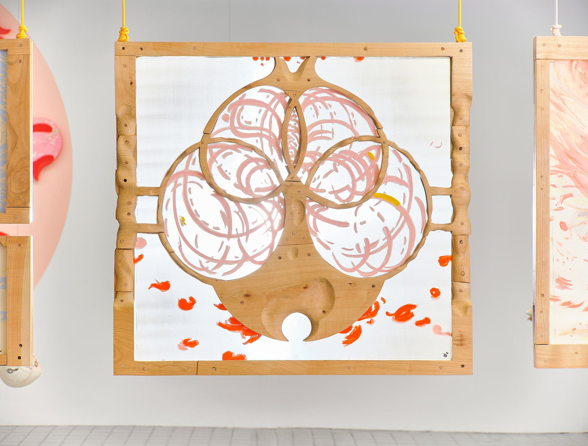 Hollow Bones 9, 2025, silk, cherry wood, oil sticks, ink, 85 x 92 x 4.5 cm