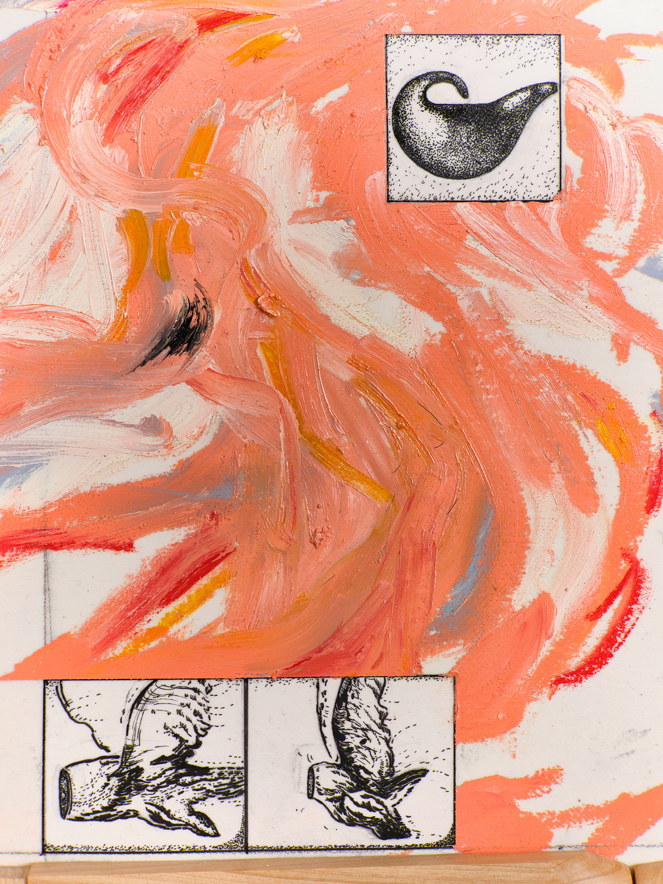 Hollow Bones 10, 2025, canvas, cherry wood, oil sticks, close up