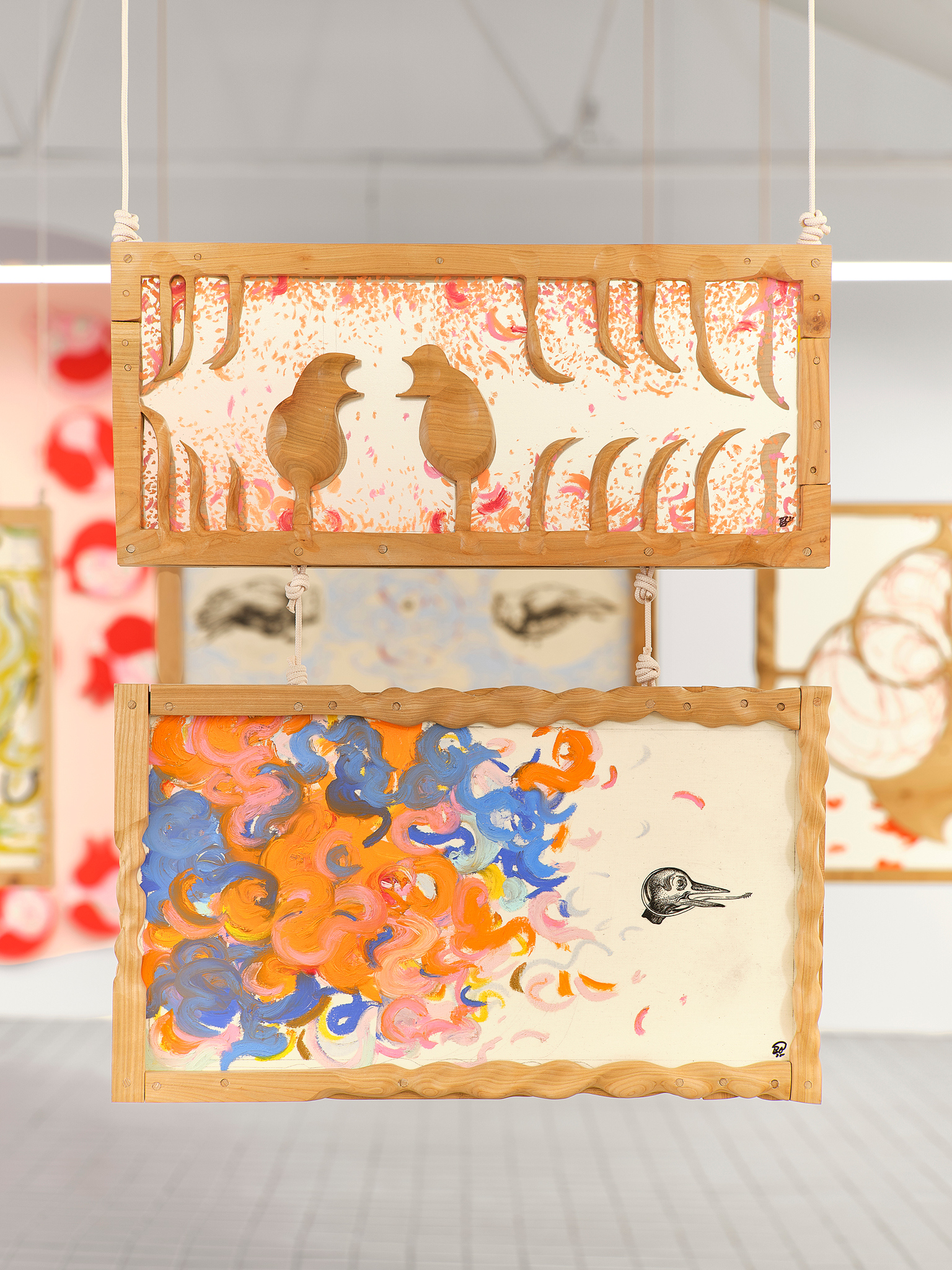 Hollow Bones 2 and 3, 2025, silk, cherry wood, oil sticks, ink, 31 x 70 x 4.5 cm, cherry wood, oil sticks, ink.