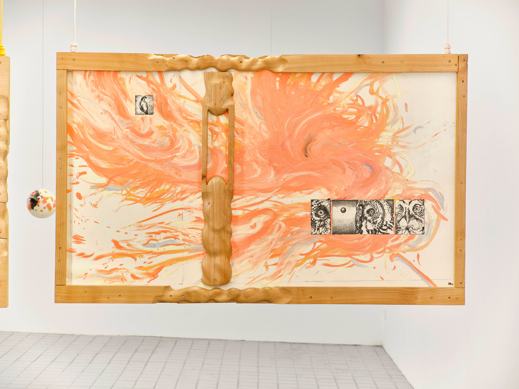 Hollow Bones 10, 2025, canvas, wild cherry wood, oil sticks, ink, 85 x 130 x 4.5 cm