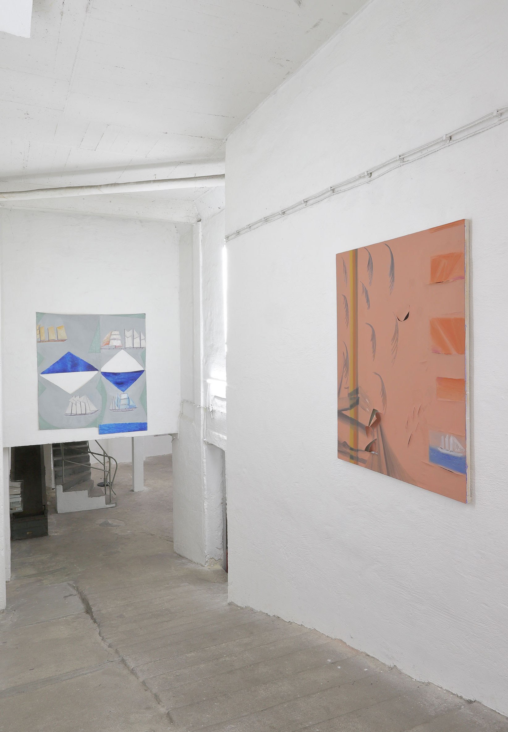 Emmanuelle Castellan, la voile, 2024, oil on cut canvas, 184 x 158 cm / she left, 2025, oil on canvas, 130 x 105 cm