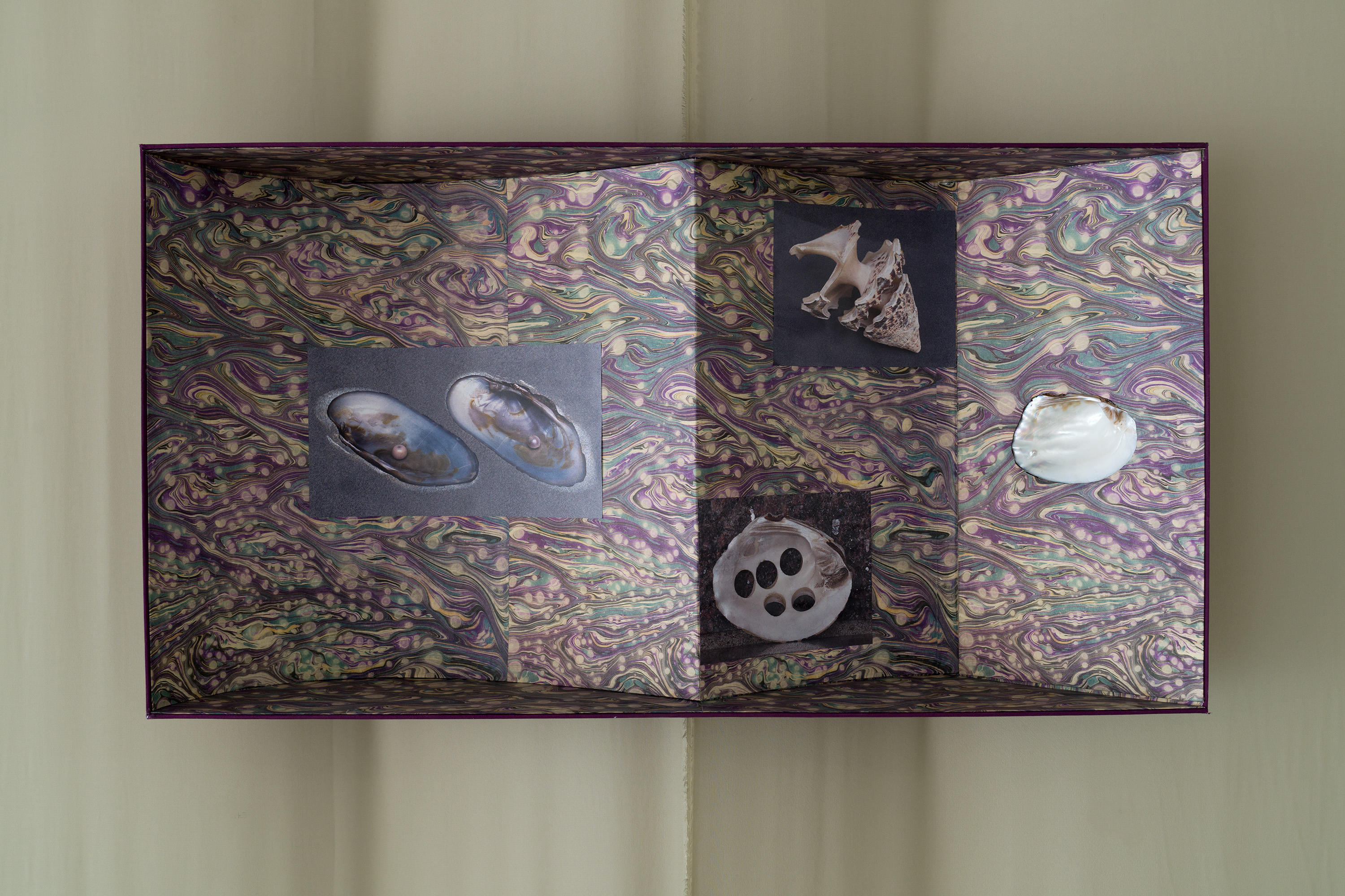 Boîte N°2 (Musée), 2025. Cardboard, marbled paper, binding fabric, tablet/screen, part No. 1 of the film  (12 min), photographs, 93 x 50 x 16 cm. they built up the picture by Caroline Reveillaud, at Komplot,  Image Lola Pertsowsky  