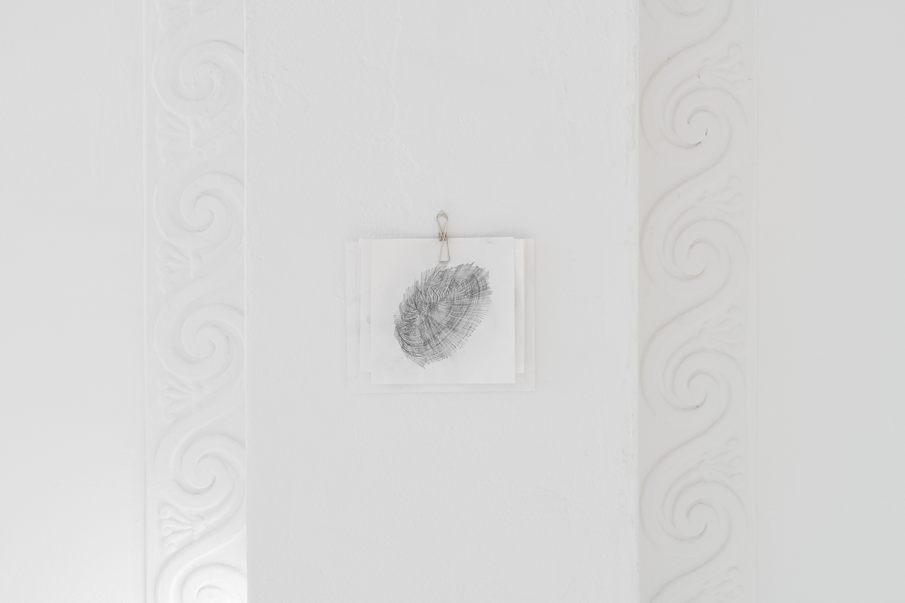 Truth-by-Nature N°1, 2025, graphite pencil on paper, 20 x 17.5 cm. they built up the picture by Caroline Reveillaud, 16.01-28.02.26, at Komplot, Brussels. Image Lola Pertsowsky  