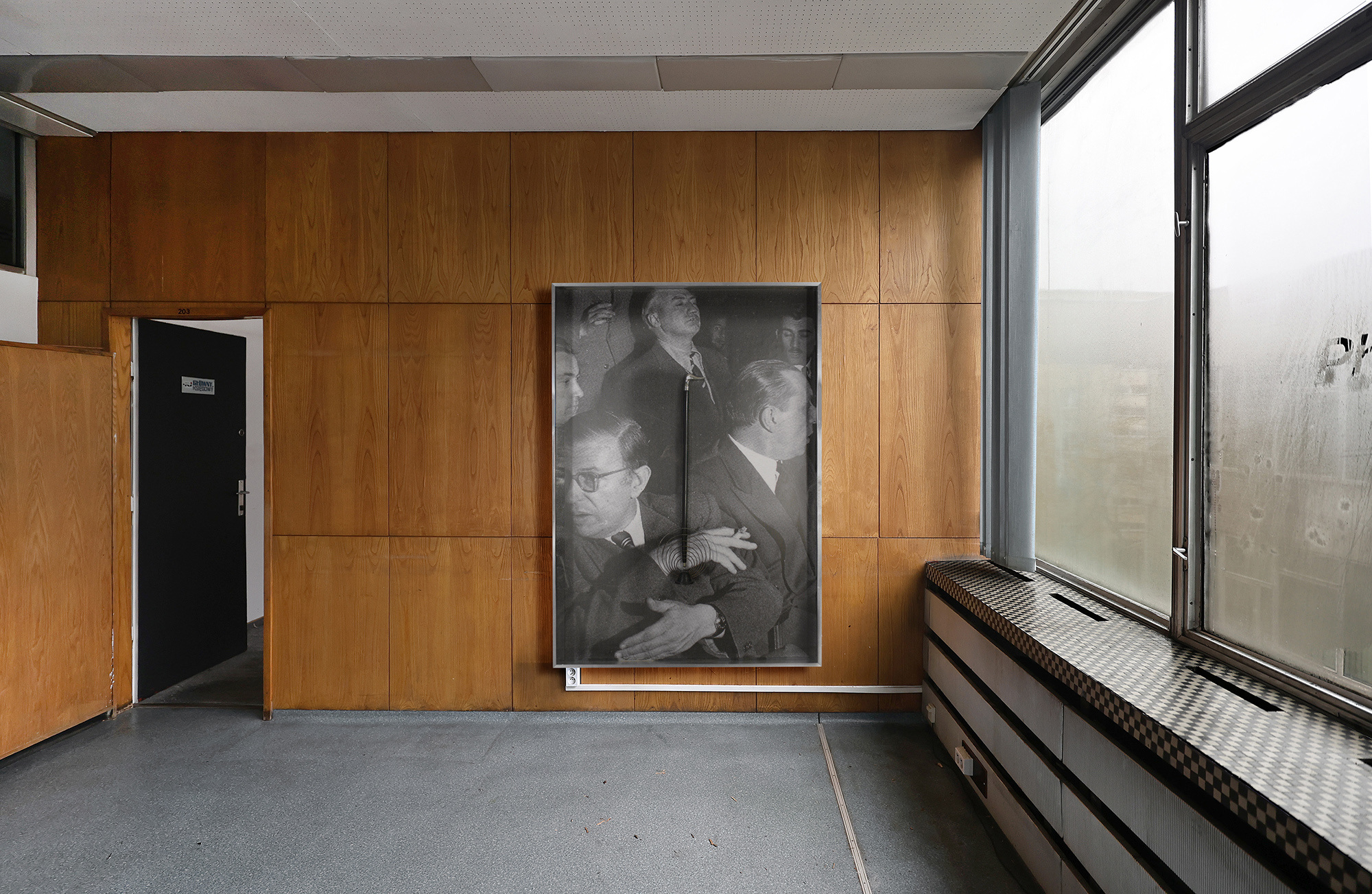 Andreea Anghel - Mad Men - Found objects (antique walking stick, antique TV antenna), UV print on vinyl, fibreboard, wood, aluminium, plexiglass. 132 x 180 x 12 cm. 2023