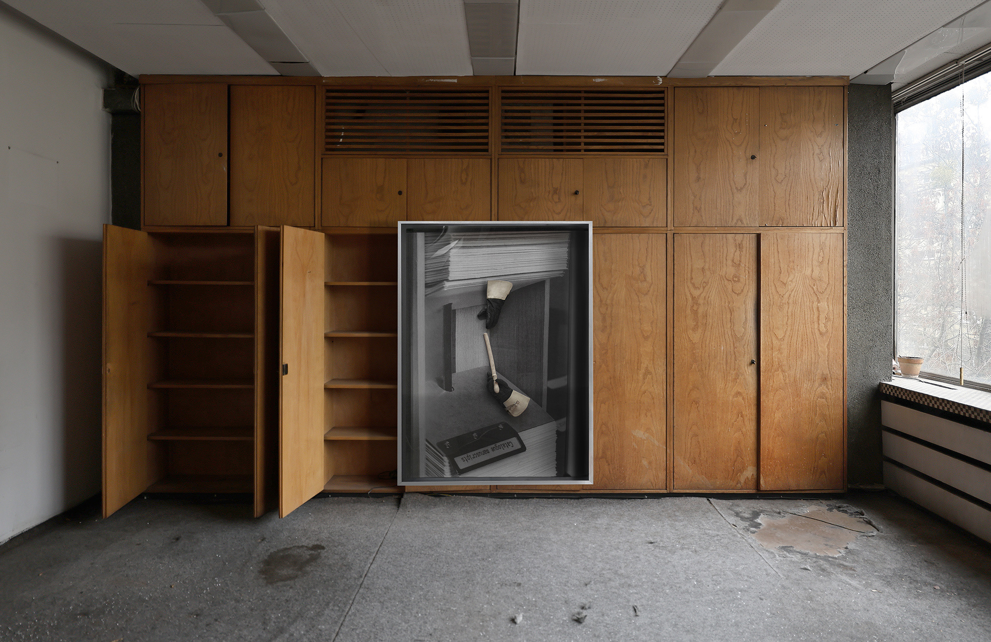 Andreea Anghel - The Magic Trick - Found objects (antique 'Milicja' Polish secret police gloves and baton), UV print on vinyl, fibreboard, wood, aluminium, plexiglass. 132 x 180 x 12 cm. 2023