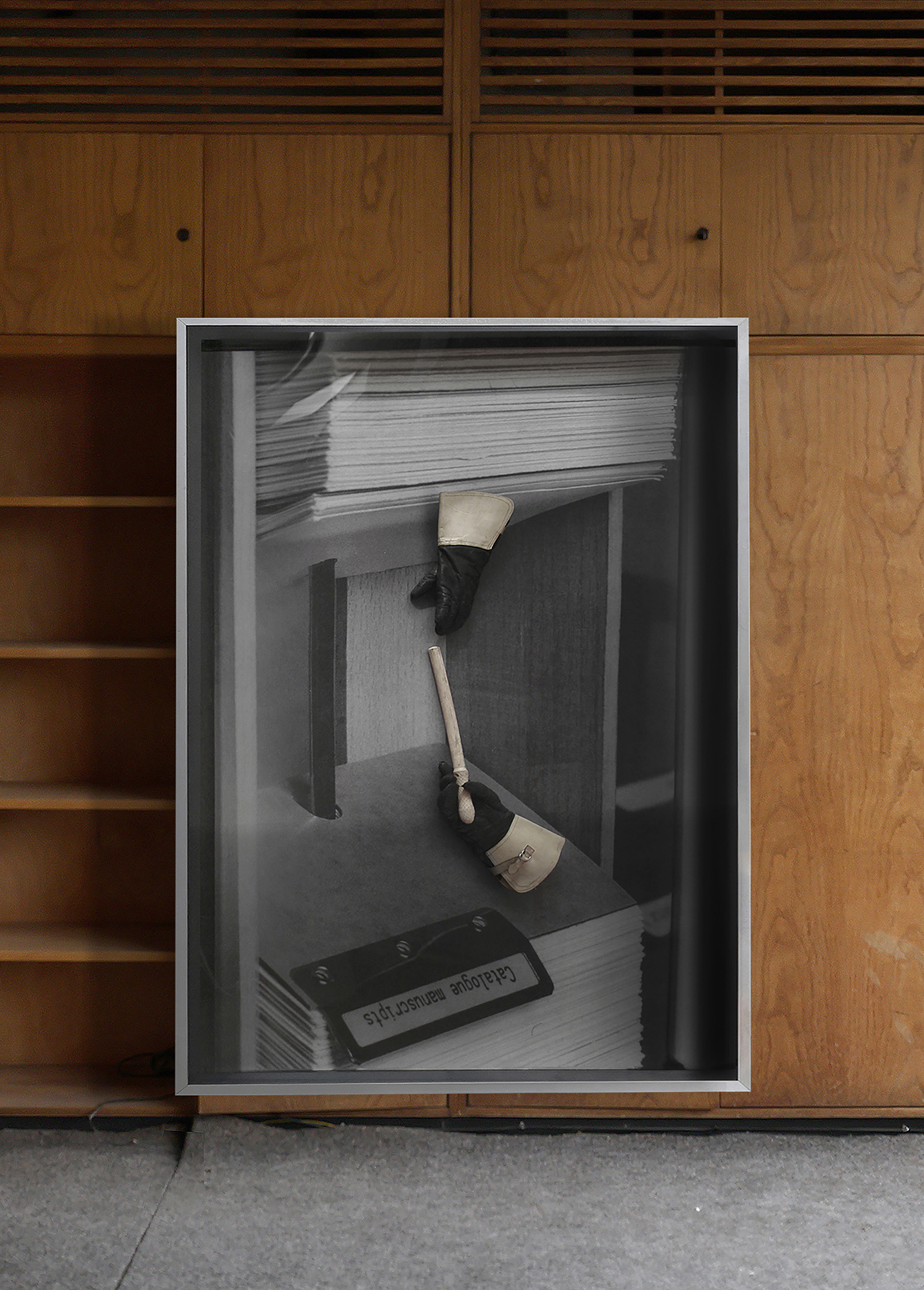 Andreea Anghel - The Magic Trick - Found objects (antique 'Milicja' Polish secret police gloves and baton), UV print on vinyl, fibreboard, wood, aluminium, plexiglass. 132 x 180 x 12 cm. 2023