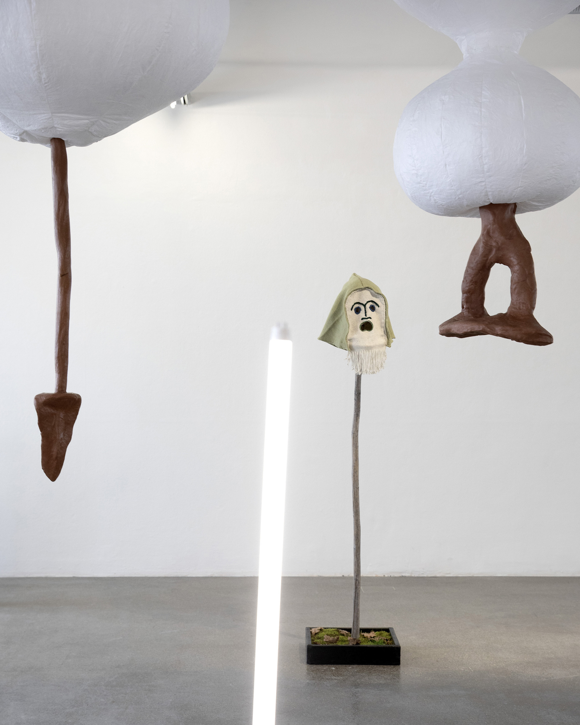 Softshell Archipel, exhibition view with Jason Bunton's Hooded Mask, 2026; Wolfgang Obermair's Blow-Up, 2026, detail