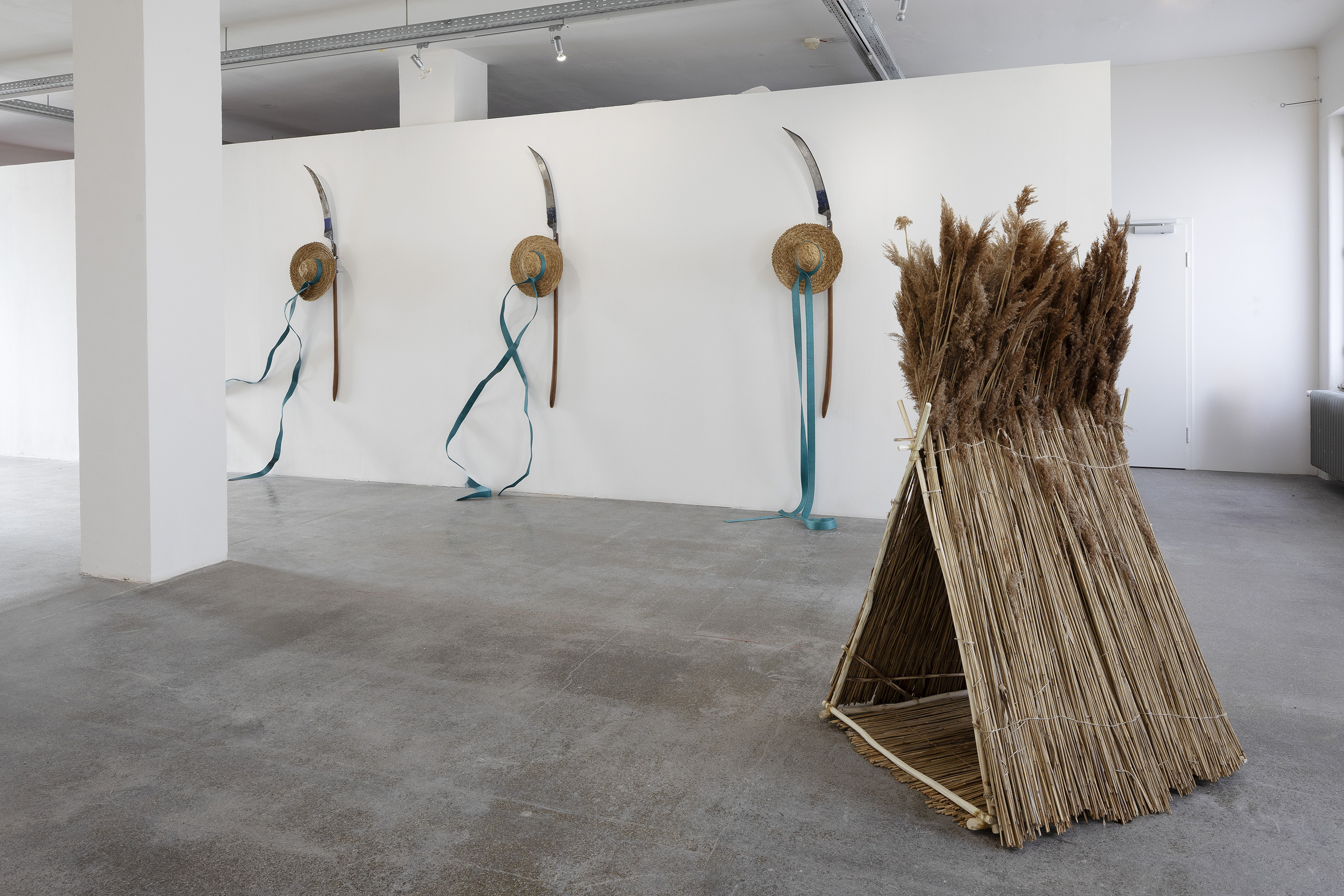 Exhibition view with Jason Bunton's How It Might Have Been, 2025; Uladzimir Hramovich Rebellious Things (New Wind), 2021