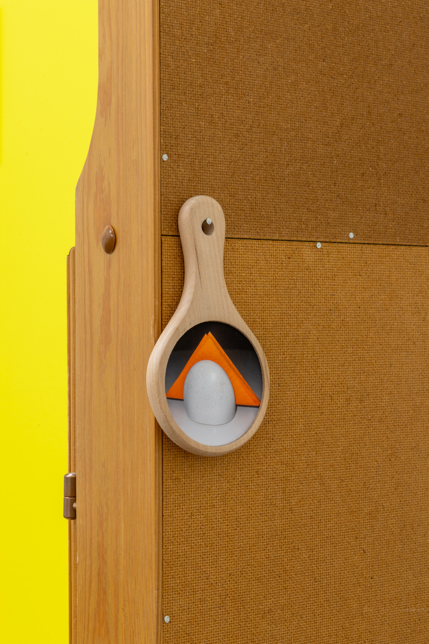 Hertta Kiiski & Janne Punkari: Kuin taivasta koskettaisi (As If Touching the Sky), 2025, cabinet, squash, clogs, handle, chromogenic photographs in wooden frames, mirror frame with pigment print on aluminium, 179 x 81 x 40 cm