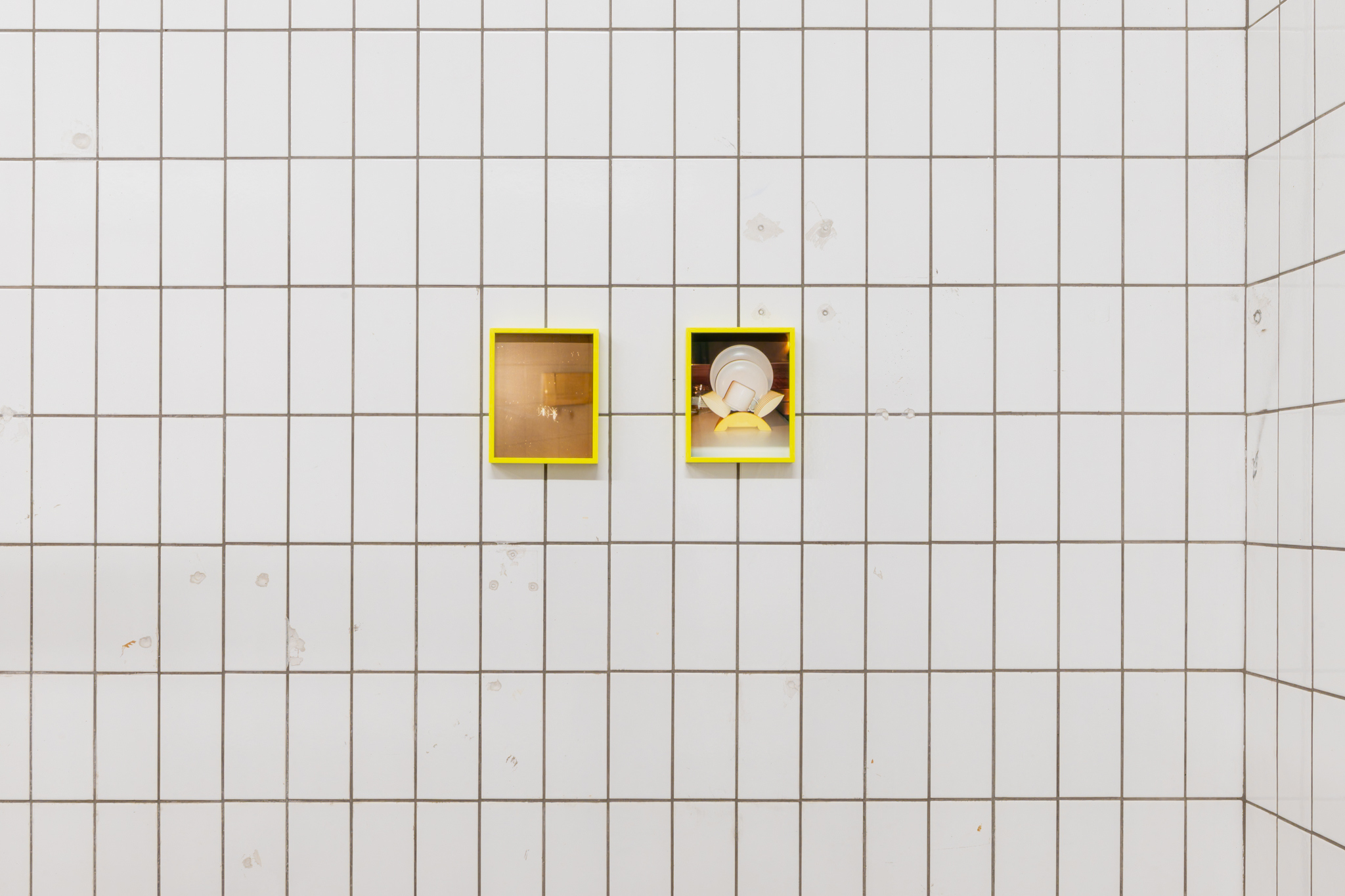 Hertta Kiiski & Janne Punkari: Dittico di insetti, 2026, pigment print on aluminium, sulfur yellow frame with museum glass, 20 x 16 cm each, 1/5 + 2AP