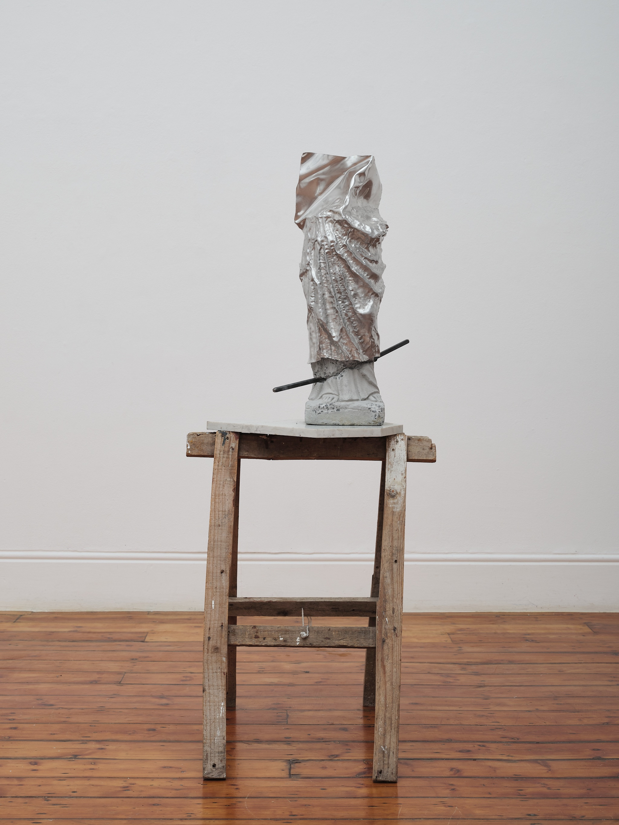 "Jesus on donkey legs" ,2025, Forged aluminium, cement, quartz, wood, mild steel. 135 x 55 x 42cm