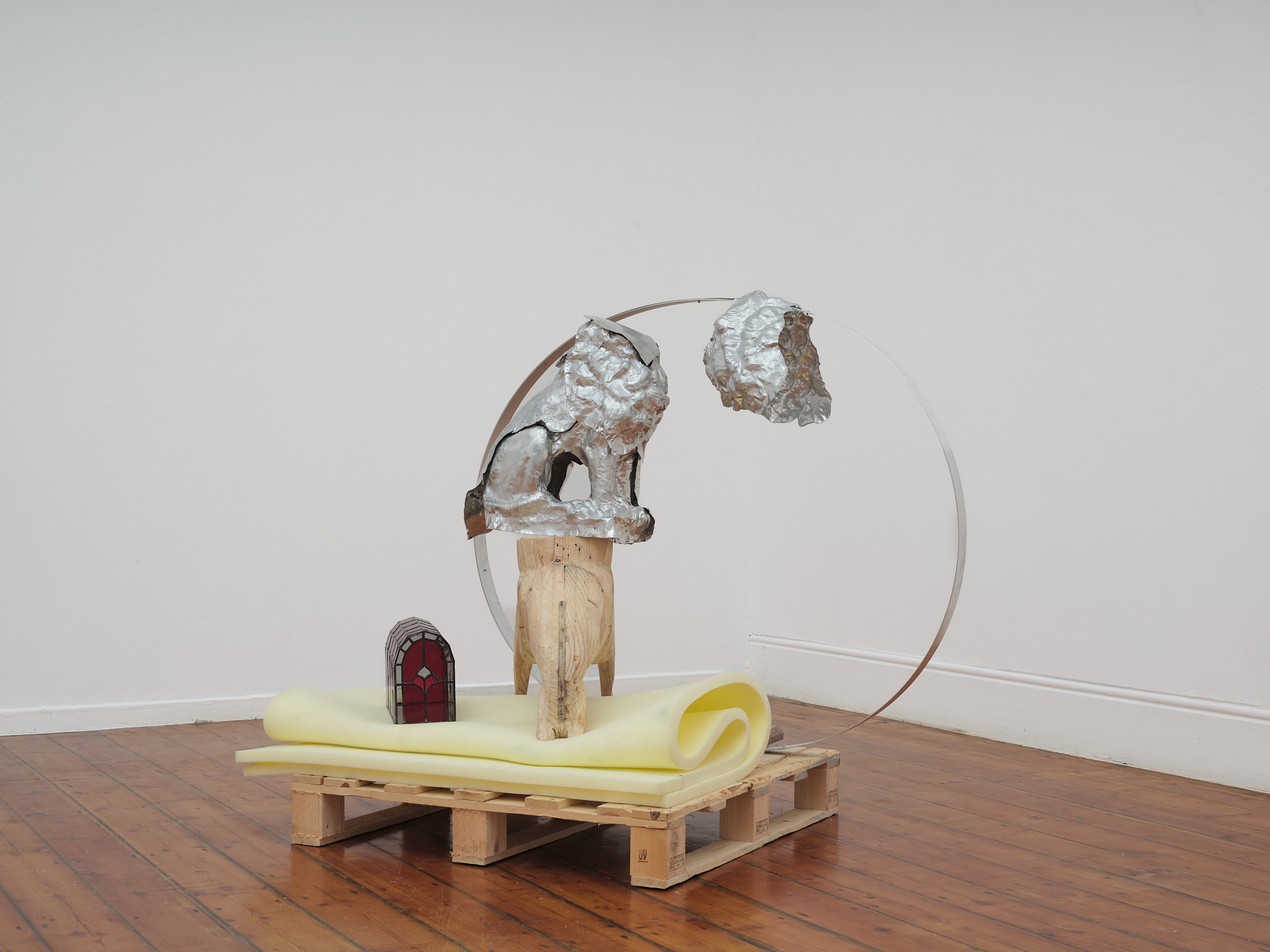 Circus Cosmology, 2025 Forged aluminium, pine (wood), foam, aluminium rod, stained glass 135 x 100 x 100cm.