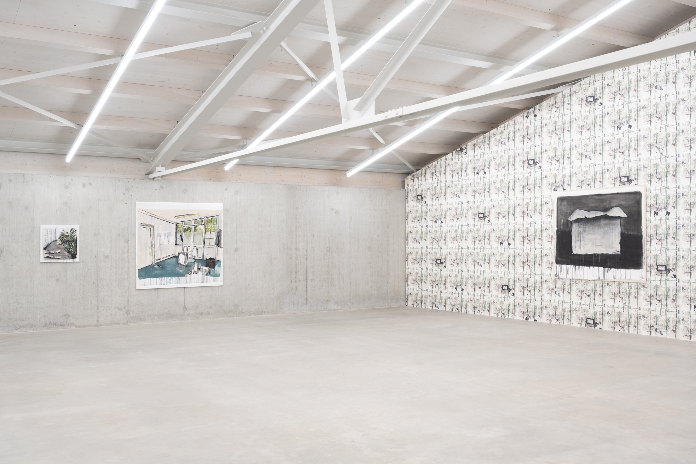 Tamara Al-Samerraei, Corridor 2, 2024; Studio Titon 1, 2025; Totem Shed, 2025. Courtesy of the artist and Marfa’ Projects, Beirut. Installation view Kunsthaus Baselland 2026. © Kunsthaus Baselland. Photo: Finn Curry / Kunsthaus Baselland