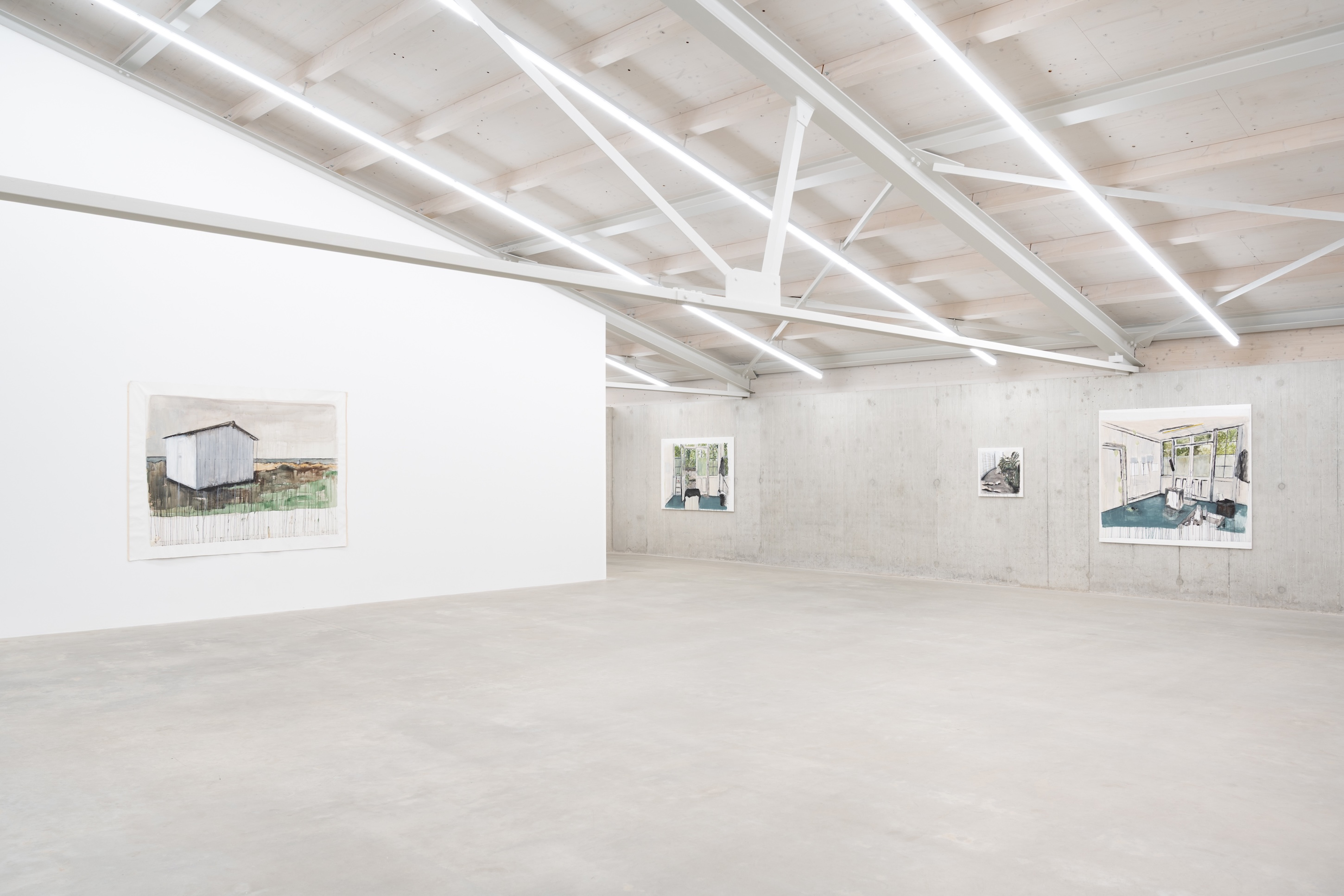 Tamara Al-Samerraei, Shed 2, 2025; Studio Titon 2, 2025; Corridor 2, 2024; Studio Titon 1, 2025. Courtesy of the artist and Marfa’ Projects, Beirut. Installation view Kunsthaus Baselland 2026. © Kunsthaus Baselland. Photo: Finn Curry