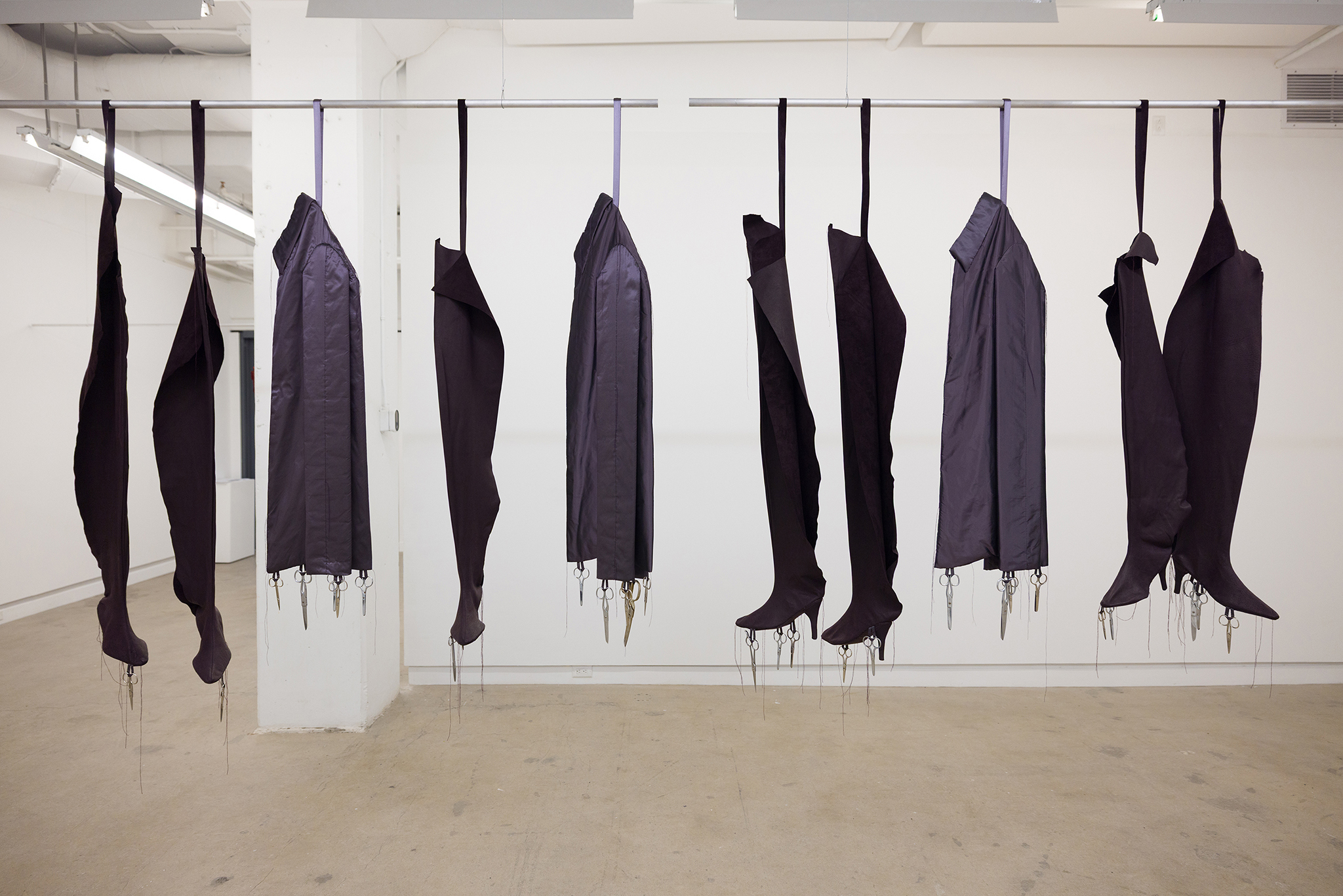 Keeping, 2026 - leather, silk, thread, upholstery fabric, vintage scissors, horse hair, mat board, aluminum