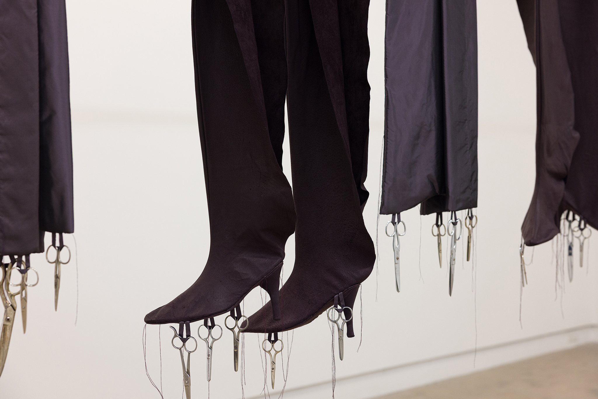 detail of Keeping, 2026 - leather, silk, thread, upholstery fabric, vintage scissors, horse hair, mat board, aluminum