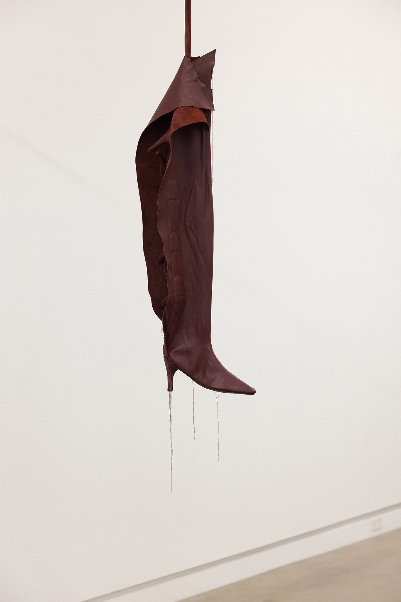 Soothe, 2026 - leather, silk, thread, horse hair, paper, mat board, aluminum