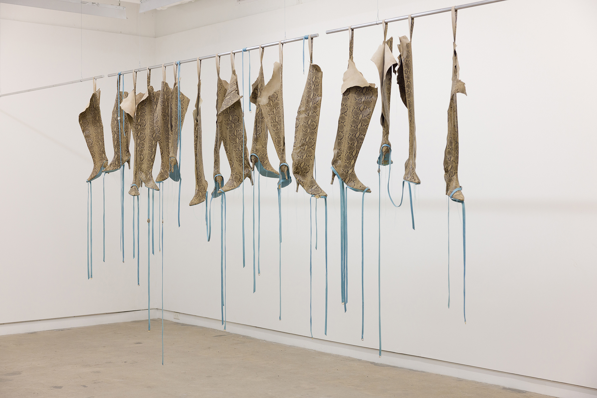 Split Hairs, 2026 - leather, silk, thread, sandblasted watch faces, watch buckles, horse hair, mat board, aluminum