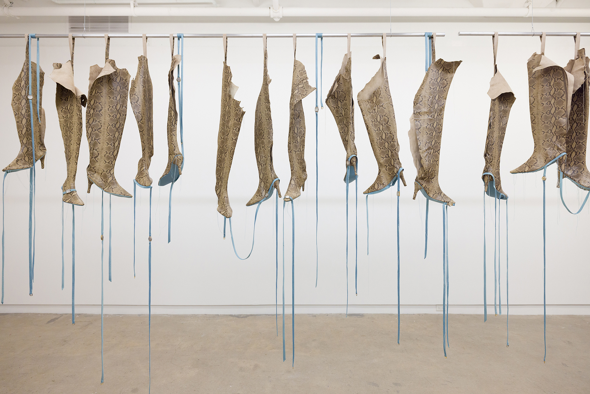 Split Hairs, 2026 - leather, silk, thread, sandblasted watch faces, watch buckles, horse hair, mat board, aluminum