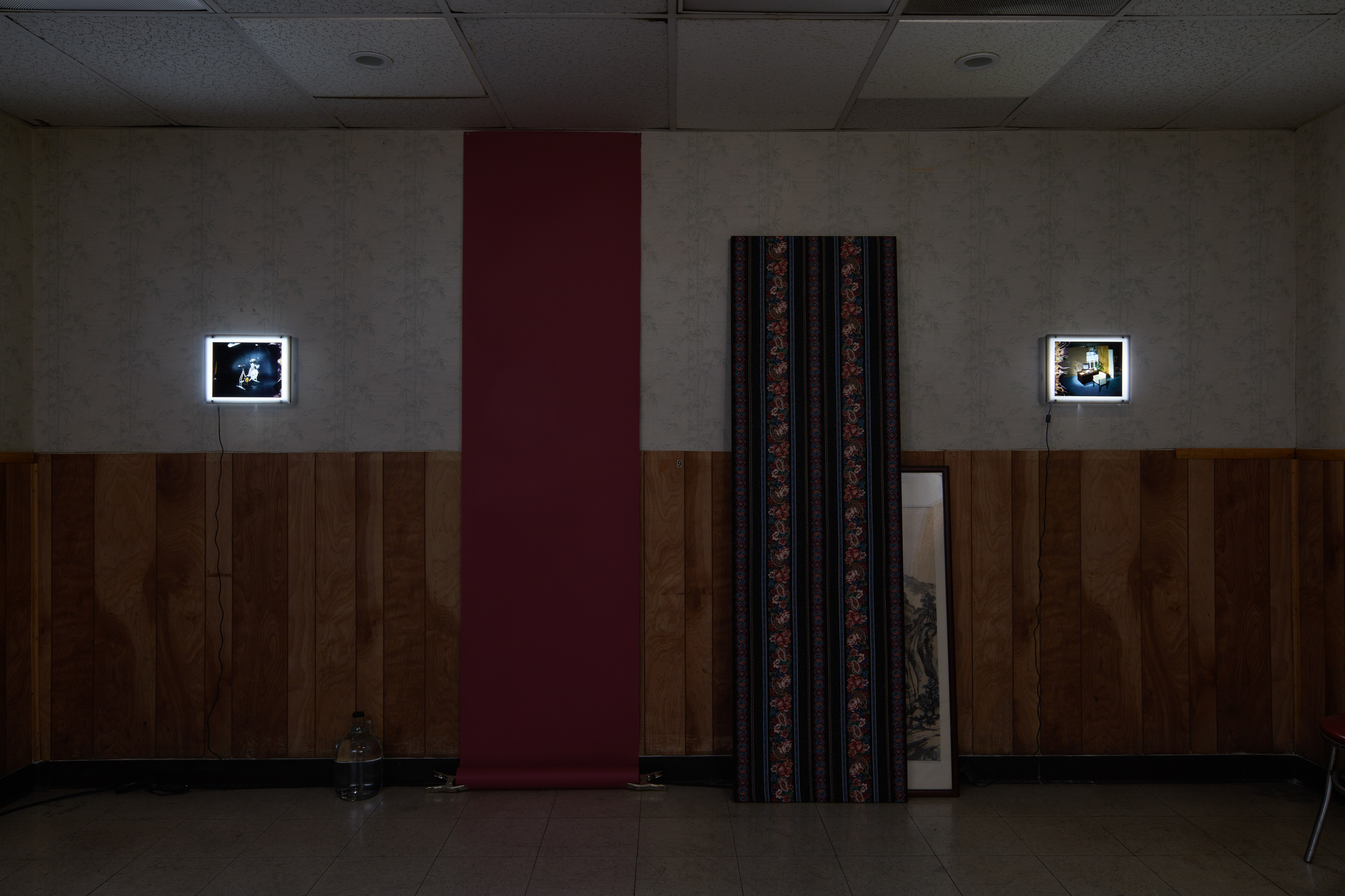 Laurel M. Ross, damaged silver gelatin prints circa 1982, acrylic boxes / Ruyell Ho, damaged 8x10 inch transparencies from Communigrafix, Chicago, circa 1982, acrylic, lightboxes / Doors, fabrics, background paper, tacks, clamps, safelights, jugs, water