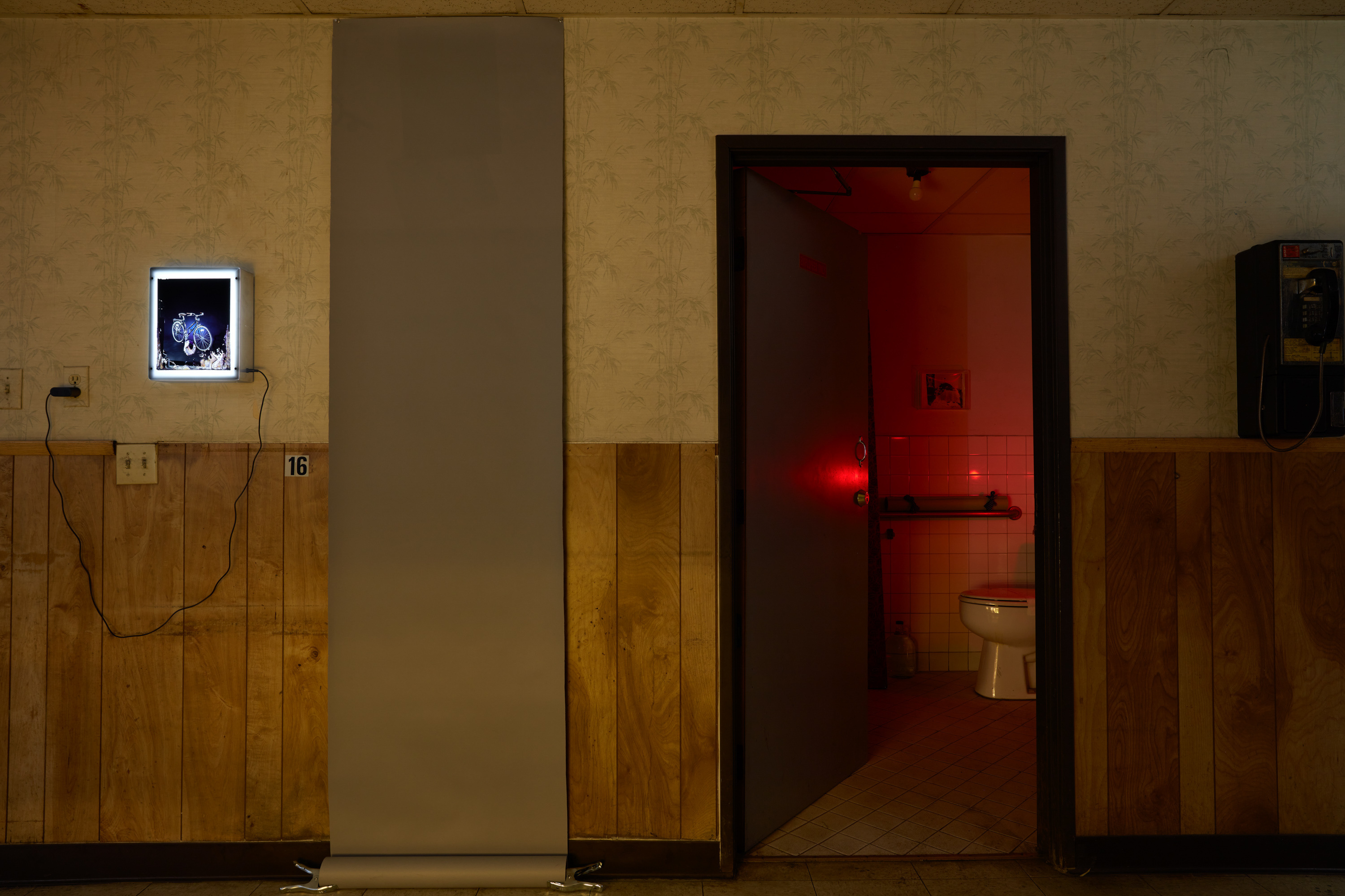 Laurel M. Ross, damaged silver gelatin prints circa 1982, acrylic boxes / Ruyell Ho, damaged 8x10 inch transparencies from Communigrafix, Chicago, circa 1982, acrylic, lightboxes / Doors, fabrics, background paper, tacks, clamps, safelights, jugs, water