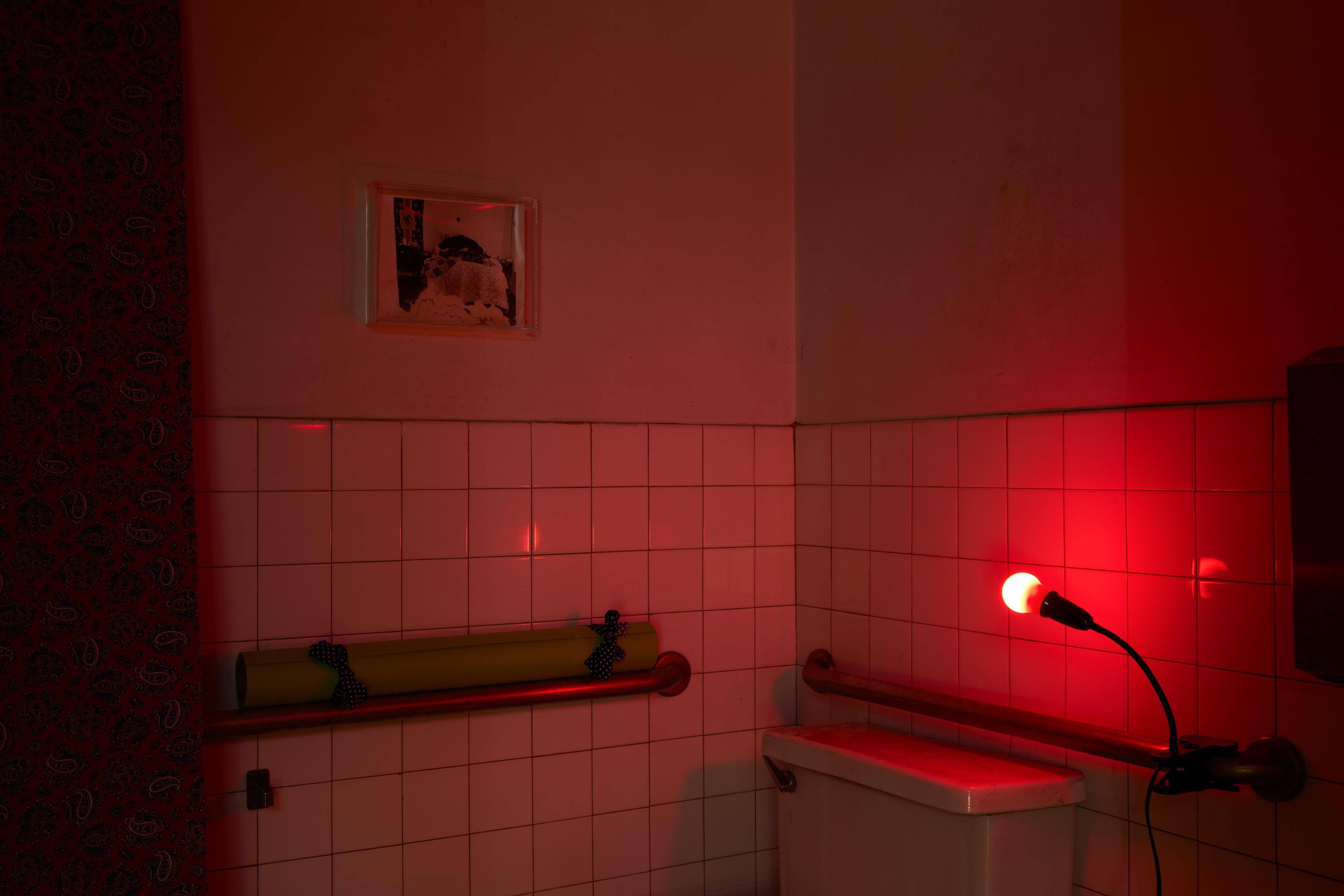 Laurel M. Ross, damaged silver gelatin prints circa 1982, acrylic boxes / Ruyell Ho, damaged 8x10 inch transparencies from Communigrafix, Chicago, circa 1982, acrylic, lightboxes / Doors, fabrics, background paper, tacks, clamps, safelights, jugs, water