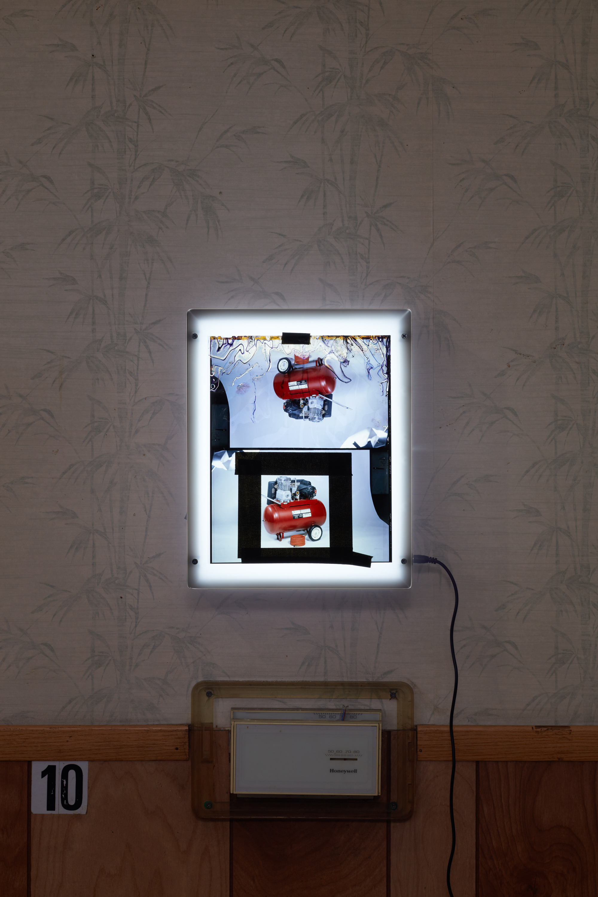 Ruyell Ho, selected flood-damaged 8x10 inch color transparencies from Communigrafix  Photographic Studios, Chicago, Illinois, circa 1982, acrylic, Port-a-Trace lightboxes